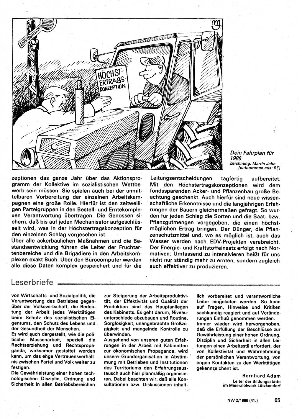 Neuer Weg (NW), Organ des Zentralkomitees (ZK) der SED (Sozialistische Einheitspartei Deutschlands) für Fragen des Parteilebens, 41. Jahrgang [Deutsche Demokratische Republik (DDR)] 1986, Seite 65 (NW ZK SED DDR 1986, S. 65)