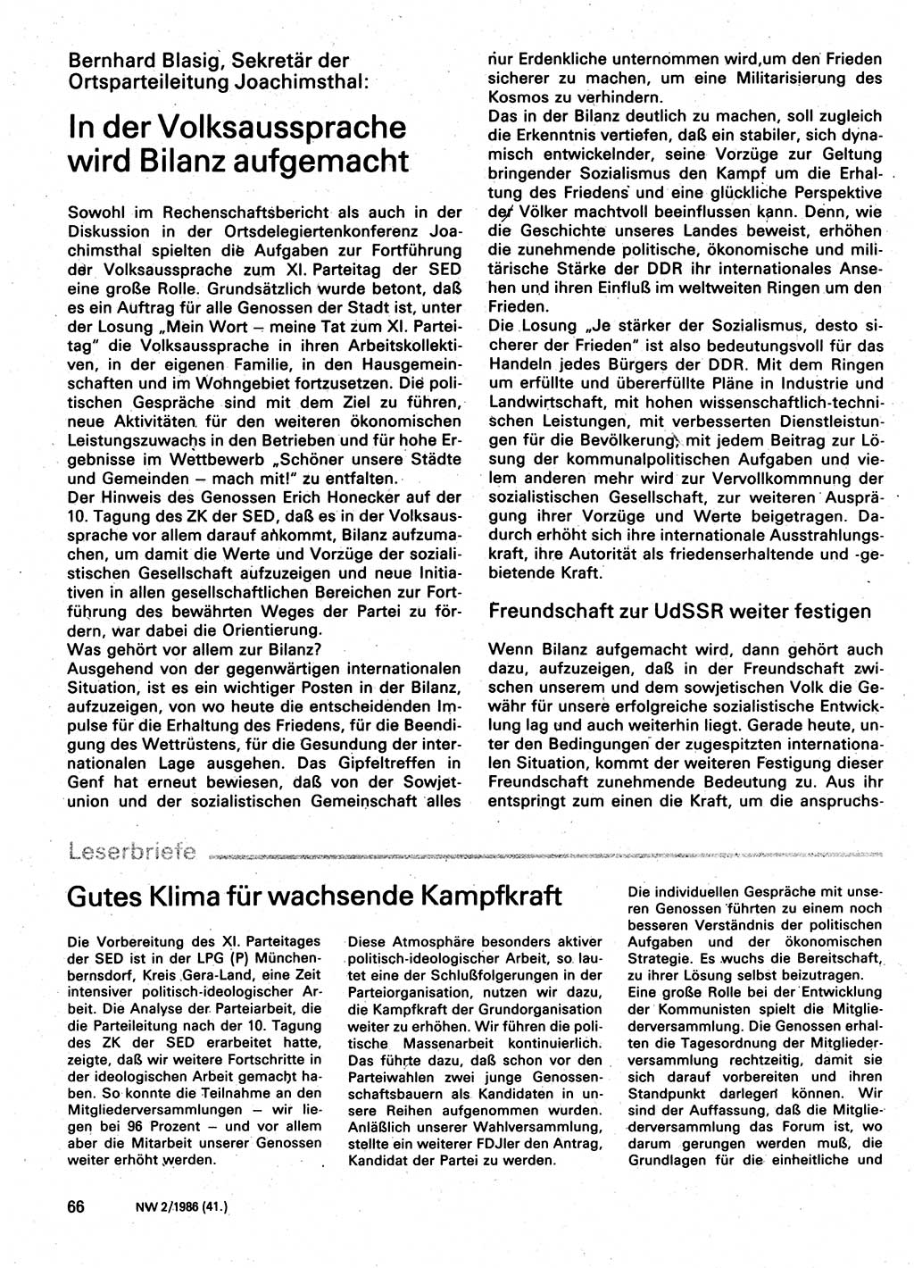 Neuer Weg (NW), Organ des Zentralkomitees (ZK) der SED (Sozialistische Einheitspartei Deutschlands) für Fragen des Parteilebens, 41. Jahrgang [Deutsche Demokratische Republik (DDR)] 1986, Seite 66 (NW ZK SED DDR 1986, S. 66)