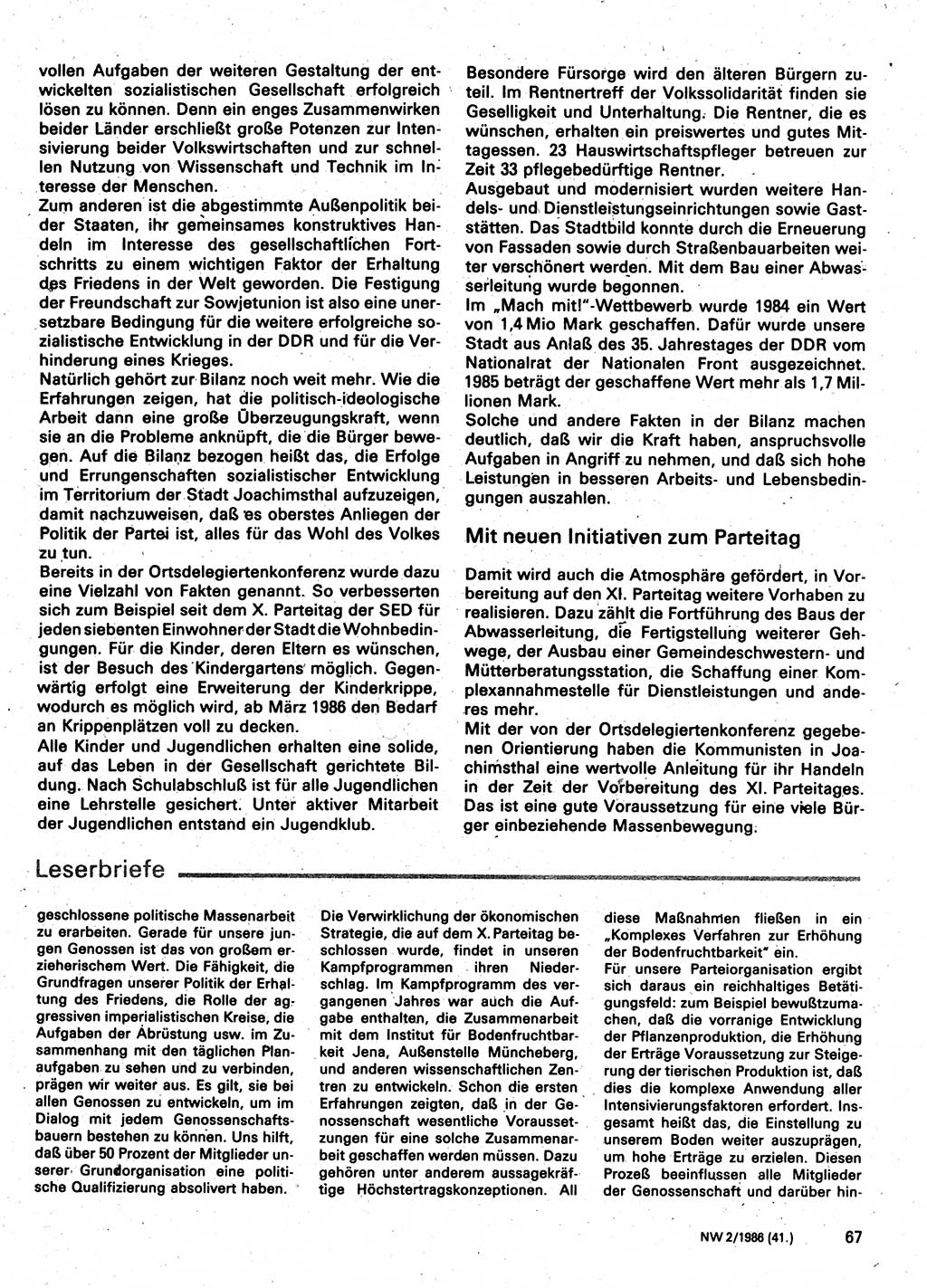 Neuer Weg (NW), Organ des Zentralkomitees (ZK) der SED (Sozialistische Einheitspartei Deutschlands) für Fragen des Parteilebens, 41. Jahrgang [Deutsche Demokratische Republik (DDR)] 1986, Seite 67 (NW ZK SED DDR 1986, S. 67)