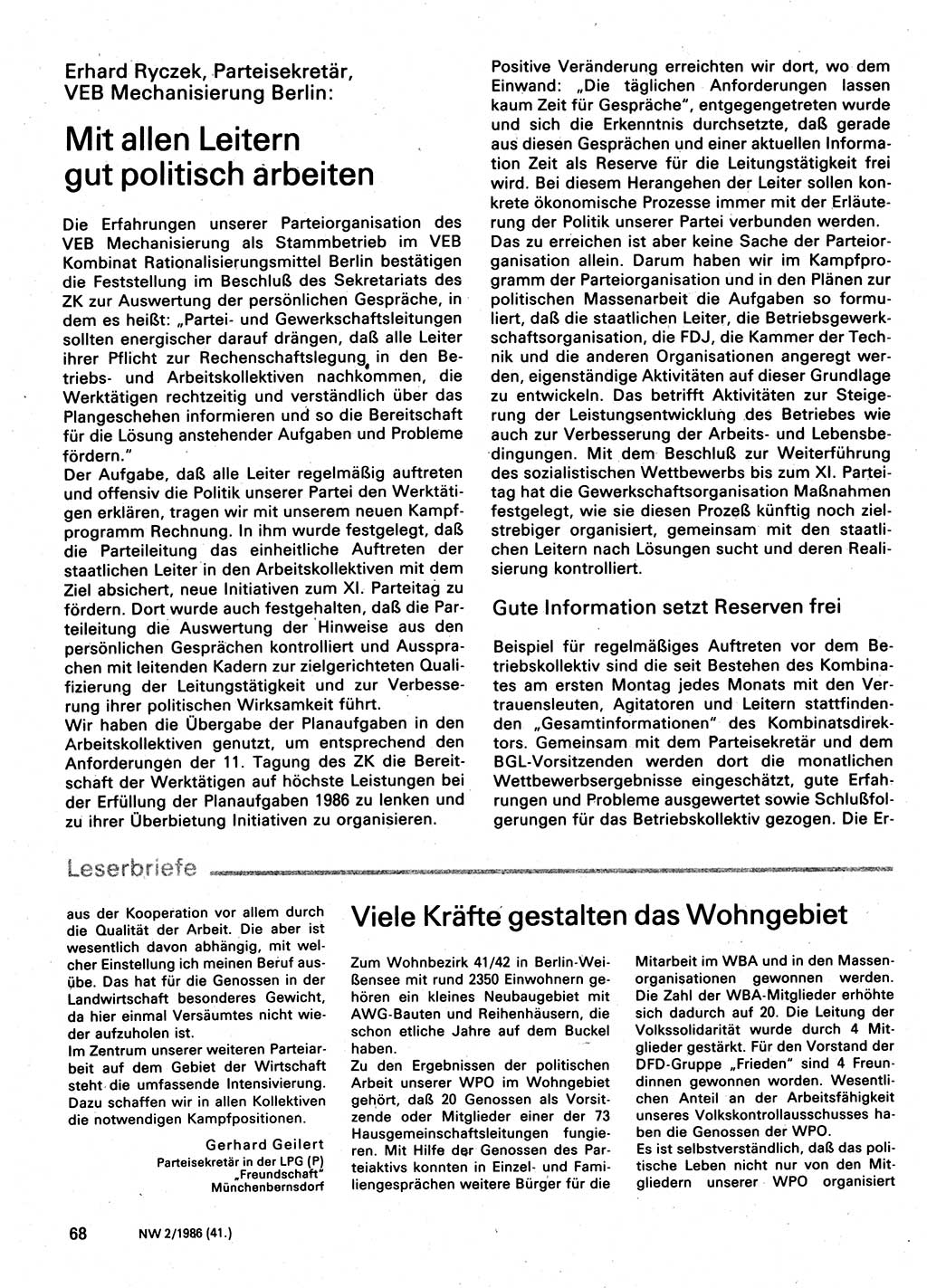Neuer Weg (NW), Organ des Zentralkomitees (ZK) der SED (Sozialistische Einheitspartei Deutschlands) für Fragen des Parteilebens, 41. Jahrgang [Deutsche Demokratische Republik (DDR)] 1986, Seite 68 (NW ZK SED DDR 1986, S. 68)