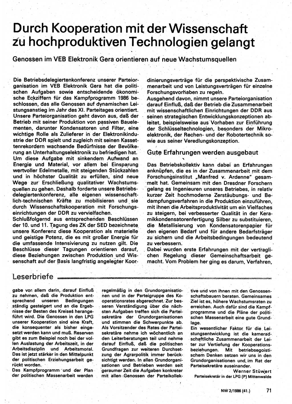 Neuer Weg (NW), Organ des Zentralkomitees (ZK) der SED (Sozialistische Einheitspartei Deutschlands) für Fragen des Parteilebens, 41. Jahrgang [Deutsche Demokratische Republik (DDR)] 1986, Seite 71 (NW ZK SED DDR 1986, S. 71)