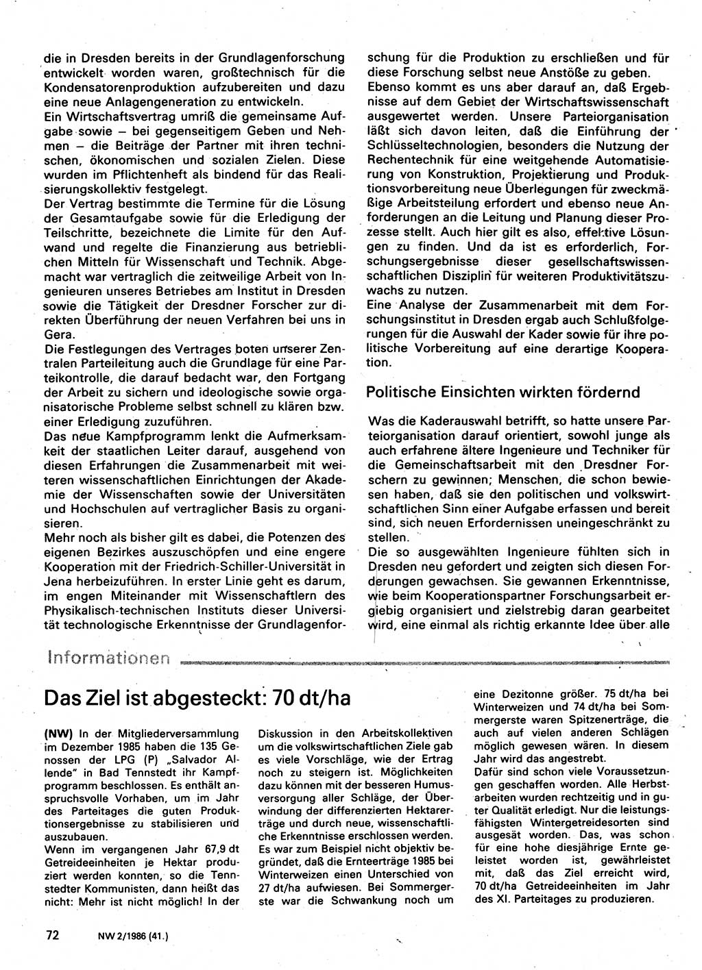 Neuer Weg (NW), Organ des Zentralkomitees (ZK) der SED (Sozialistische Einheitspartei Deutschlands) für Fragen des Parteilebens, 41. Jahrgang [Deutsche Demokratische Republik (DDR)] 1986, Seite 72 (NW ZK SED DDR 1986, S. 72)