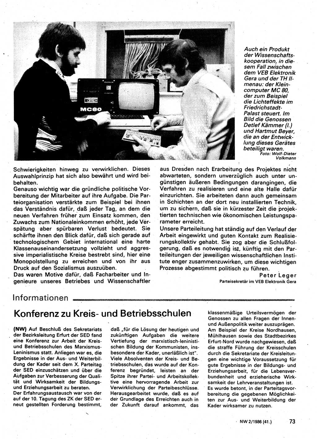 Neuer Weg (NW), Organ des Zentralkomitees (ZK) der SED (Sozialistische Einheitspartei Deutschlands) für Fragen des Parteilebens, 41. Jahrgang [Deutsche Demokratische Republik (DDR)] 1986, Seite 73 (NW ZK SED DDR 1986, S. 73)