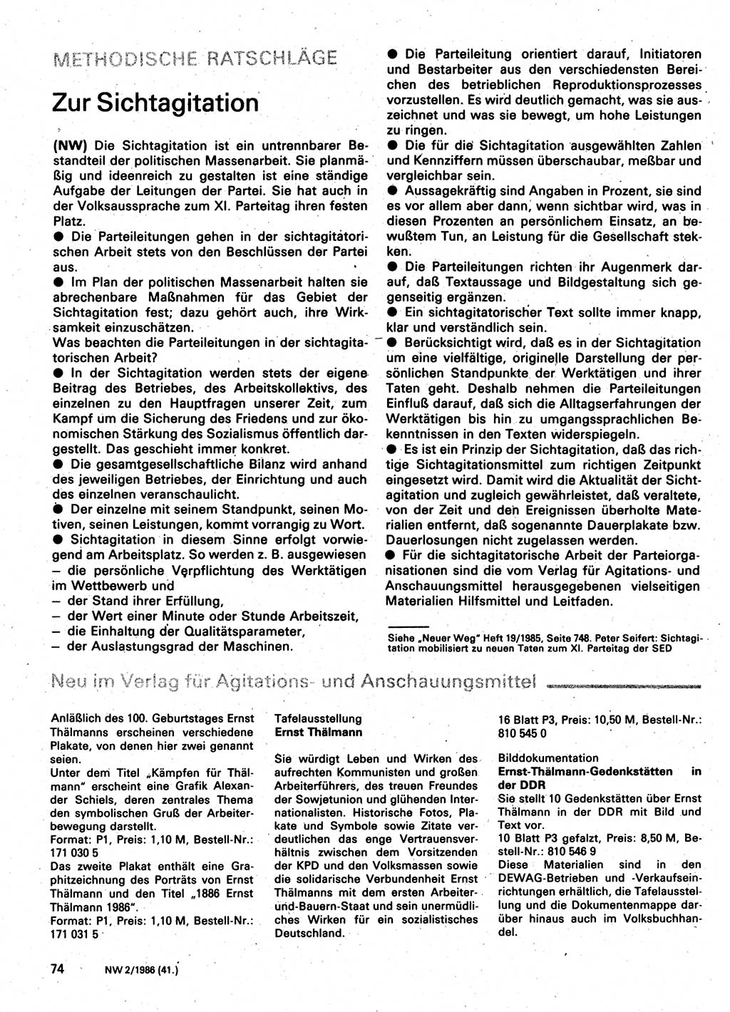Neuer Weg (NW), Organ des Zentralkomitees (ZK) der SED (Sozialistische Einheitspartei Deutschlands) für Fragen des Parteilebens, 41. Jahrgang [Deutsche Demokratische Republik (DDR)] 1986, Seite 74 (NW ZK SED DDR 1986, S. 74)