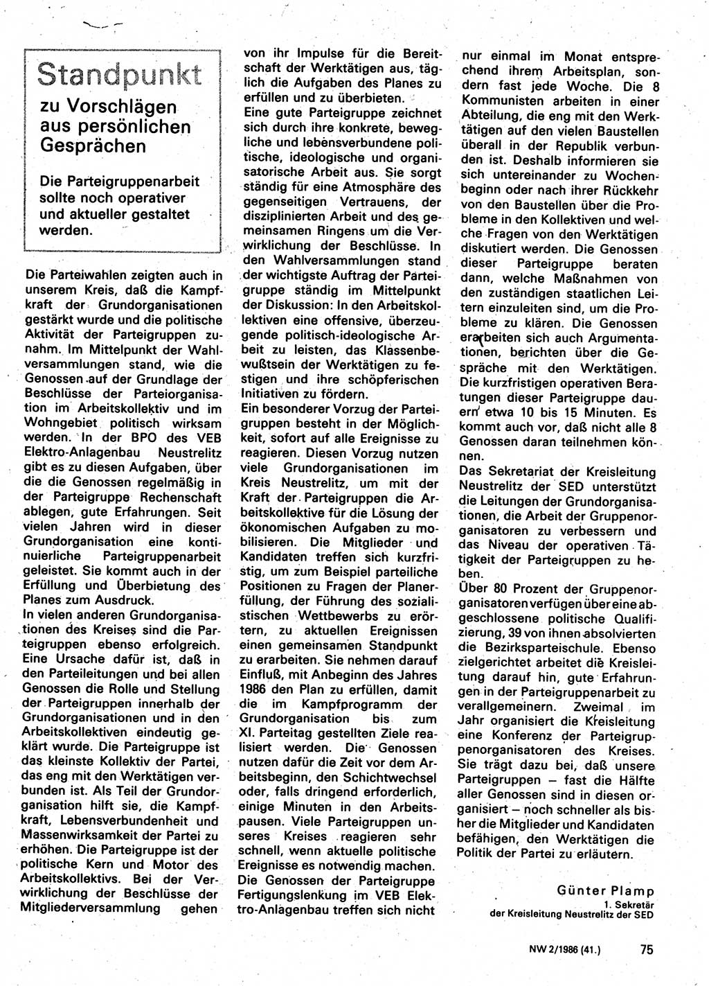 Neuer Weg (NW), Organ des Zentralkomitees (ZK) der SED (Sozialistische Einheitspartei Deutschlands) für Fragen des Parteilebens, 41. Jahrgang [Deutsche Demokratische Republik (DDR)] 1986, Seite 75 (NW ZK SED DDR 1986, S. 75)