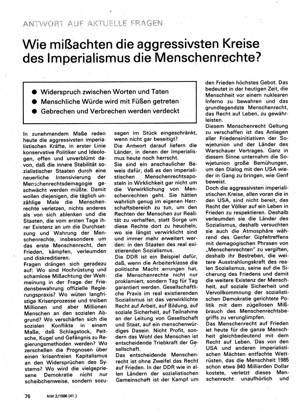 Neuer Weg (NW), Organ des Zentralkomitees (ZK) der SED (Sozialistische Einheitspartei Deutschlands) für Fragen des Parteilebens, 41. Jahrgang [Deutsche Demokratische Republik (DDR)] 1986, Seite 76 (NW ZK SED DDR 1986, S. 76)