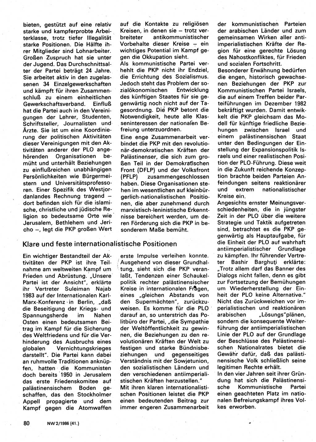 Neuer Weg (NW), Organ des Zentralkomitees (ZK) der SED (Sozialistische Einheitspartei Deutschlands) für Fragen des Parteilebens, 41. Jahrgang [Deutsche Demokratische Republik (DDR)] 1986, Seite 80 (NW ZK SED DDR 1986, S. 80)