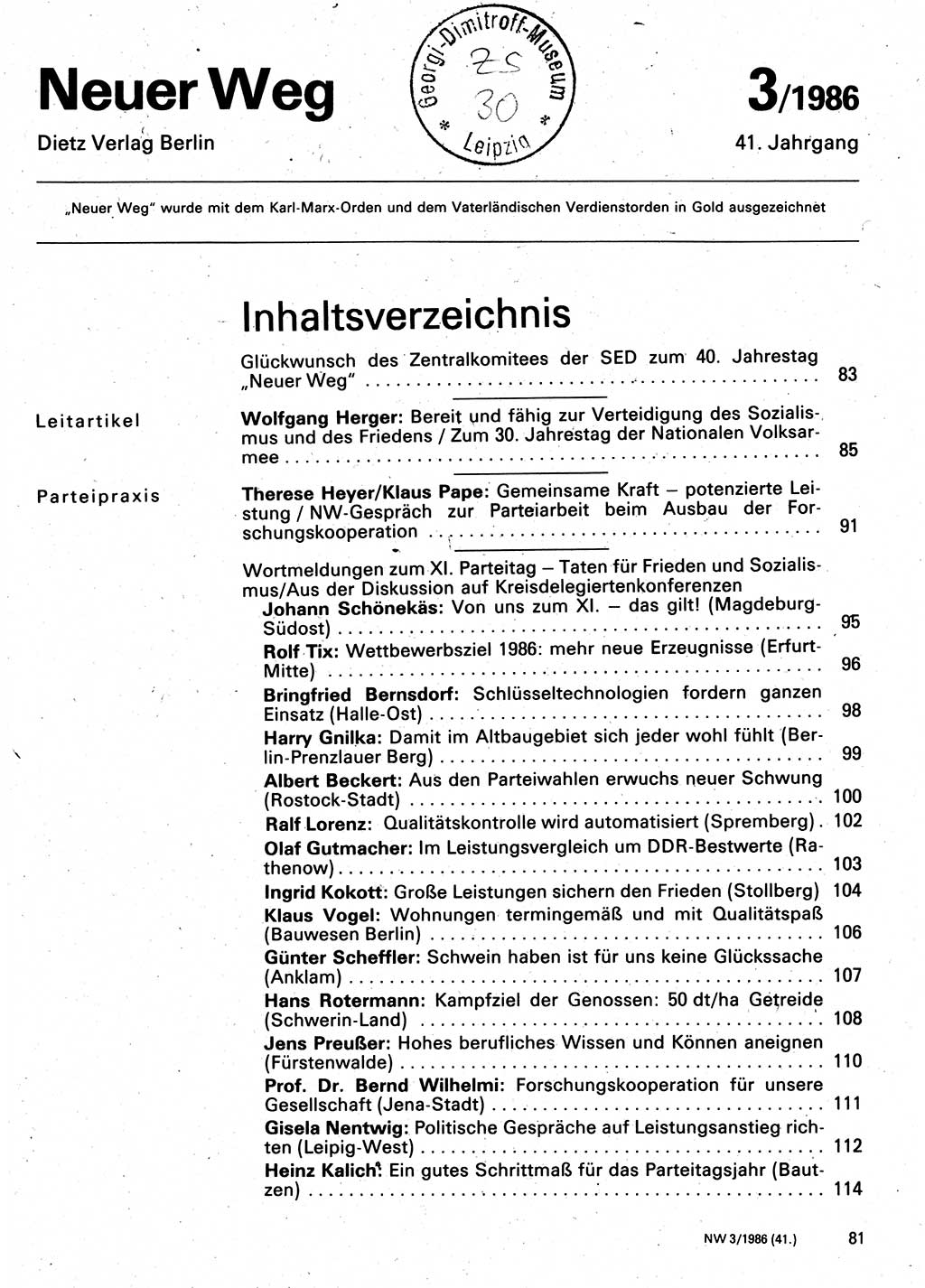 Neuer Weg (NW), Organ des Zentralkomitees (ZK) der SED (Sozialistische Einheitspartei Deutschlands) für Fragen des Parteilebens, 41. Jahrgang [Deutsche Demokratische Republik (DDR)] 1986, Seite 81 (NW ZK SED DDR 1986, S. 81)