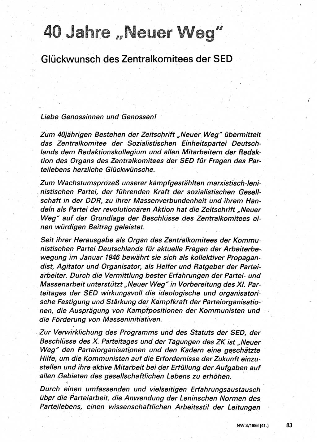 Neuer Weg (NW), Organ des Zentralkomitees (ZK) der SED (Sozialistische Einheitspartei Deutschlands) für Fragen des Parteilebens, 41. Jahrgang [Deutsche Demokratische Republik (DDR)] 1986, Seite 83 (NW ZK SED DDR 1986, S. 83)