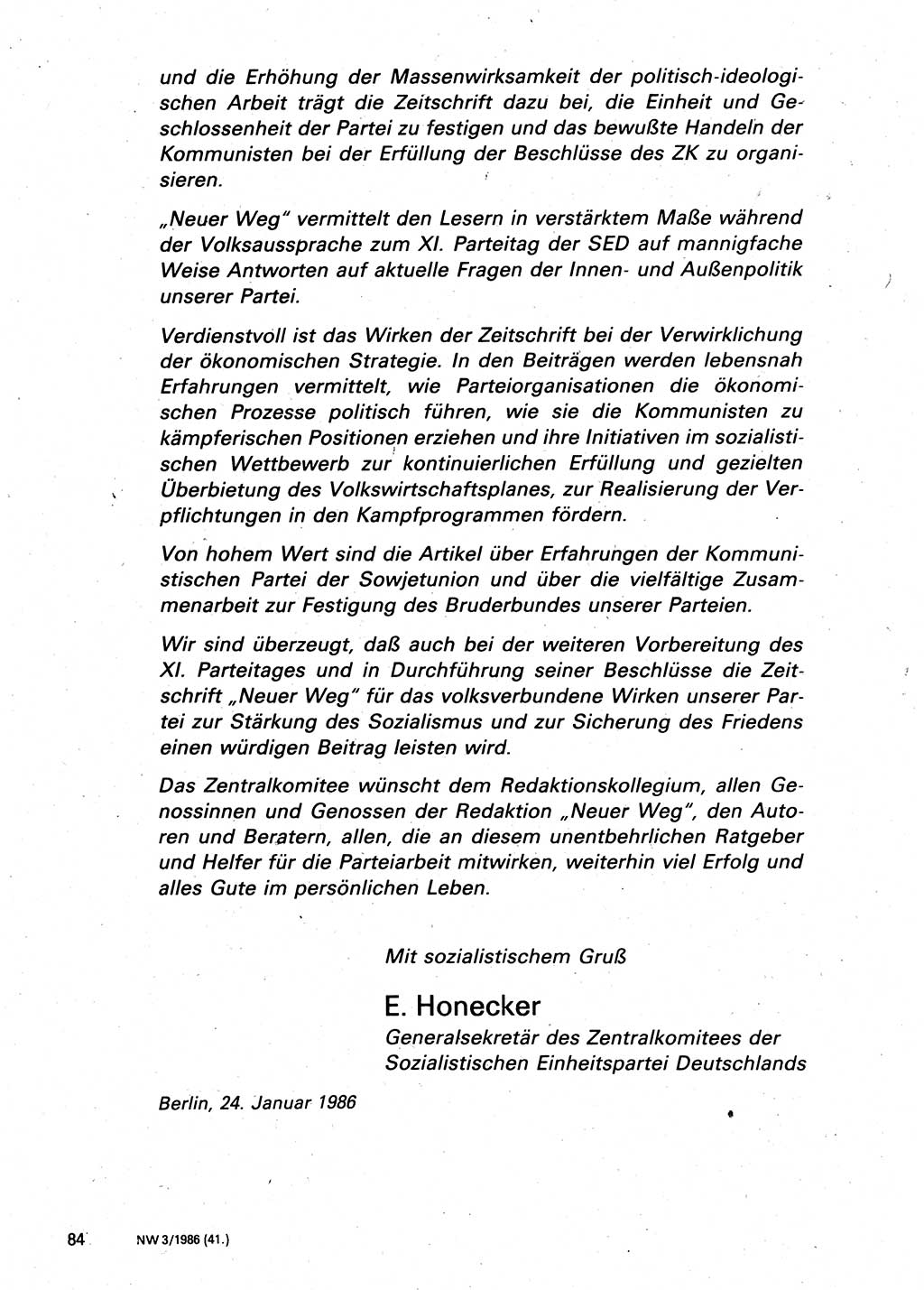Neuer Weg (NW), Organ des Zentralkomitees (ZK) der SED (Sozialistische Einheitspartei Deutschlands) für Fragen des Parteilebens, 41. Jahrgang [Deutsche Demokratische Republik (DDR)] 1986, Seite 84 (NW ZK SED DDR 1986, S. 84)