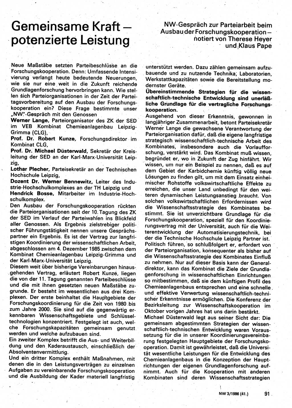 Neuer Weg (NW), Organ des Zentralkomitees (ZK) der SED (Sozialistische Einheitspartei Deutschlands) für Fragen des Parteilebens, 41. Jahrgang [Deutsche Demokratische Republik (DDR)] 1986, Seite 91 (NW ZK SED DDR 1986, S. 91)