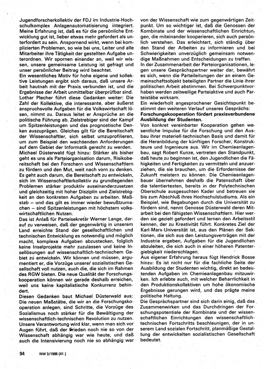 Neuer Weg (NW), Organ des Zentralkomitees (ZK) der SED (Sozialistische Einheitspartei Deutschlands) für Fragen des Parteilebens, 41. Jahrgang [Deutsche Demokratische Republik (DDR)] 1986, Seite 94 (NW ZK SED DDR 1986, S. 94)