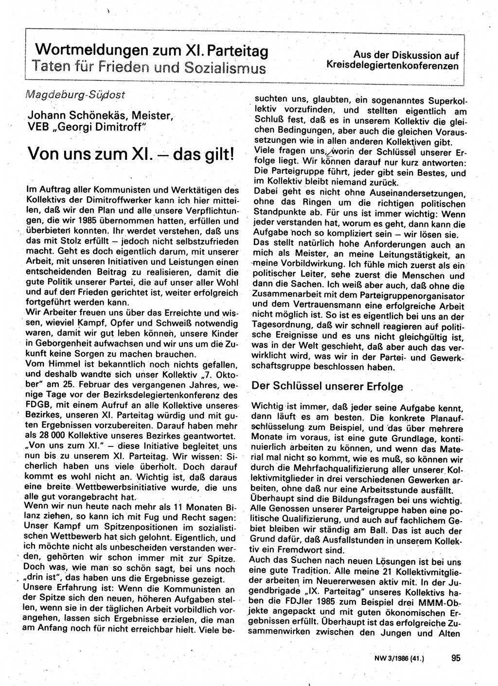Neuer Weg (NW), Organ des Zentralkomitees (ZK) der SED (Sozialistische Einheitspartei Deutschlands) für Fragen des Parteilebens, 41. Jahrgang [Deutsche Demokratische Republik (DDR)] 1986, Seite 95 (NW ZK SED DDR 1986, S. 95)