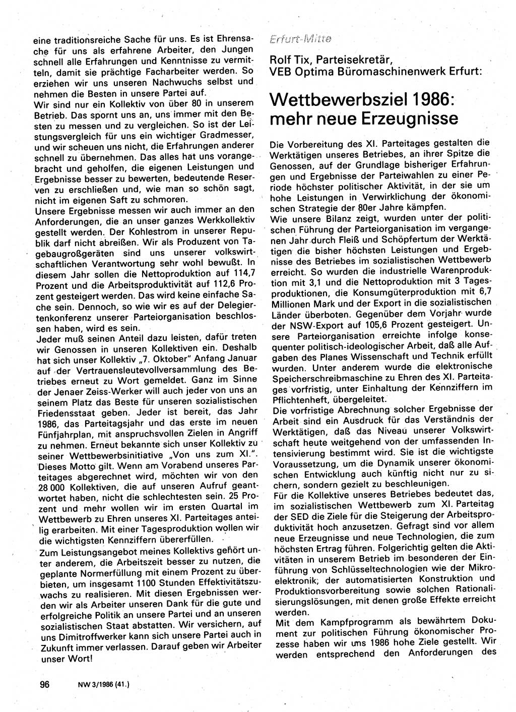 Neuer Weg (NW), Organ des Zentralkomitees (ZK) der SED (Sozialistische Einheitspartei Deutschlands) für Fragen des Parteilebens, 41. Jahrgang [Deutsche Demokratische Republik (DDR)] 1986, Seite 96 (NW ZK SED DDR 1986, S. 96)