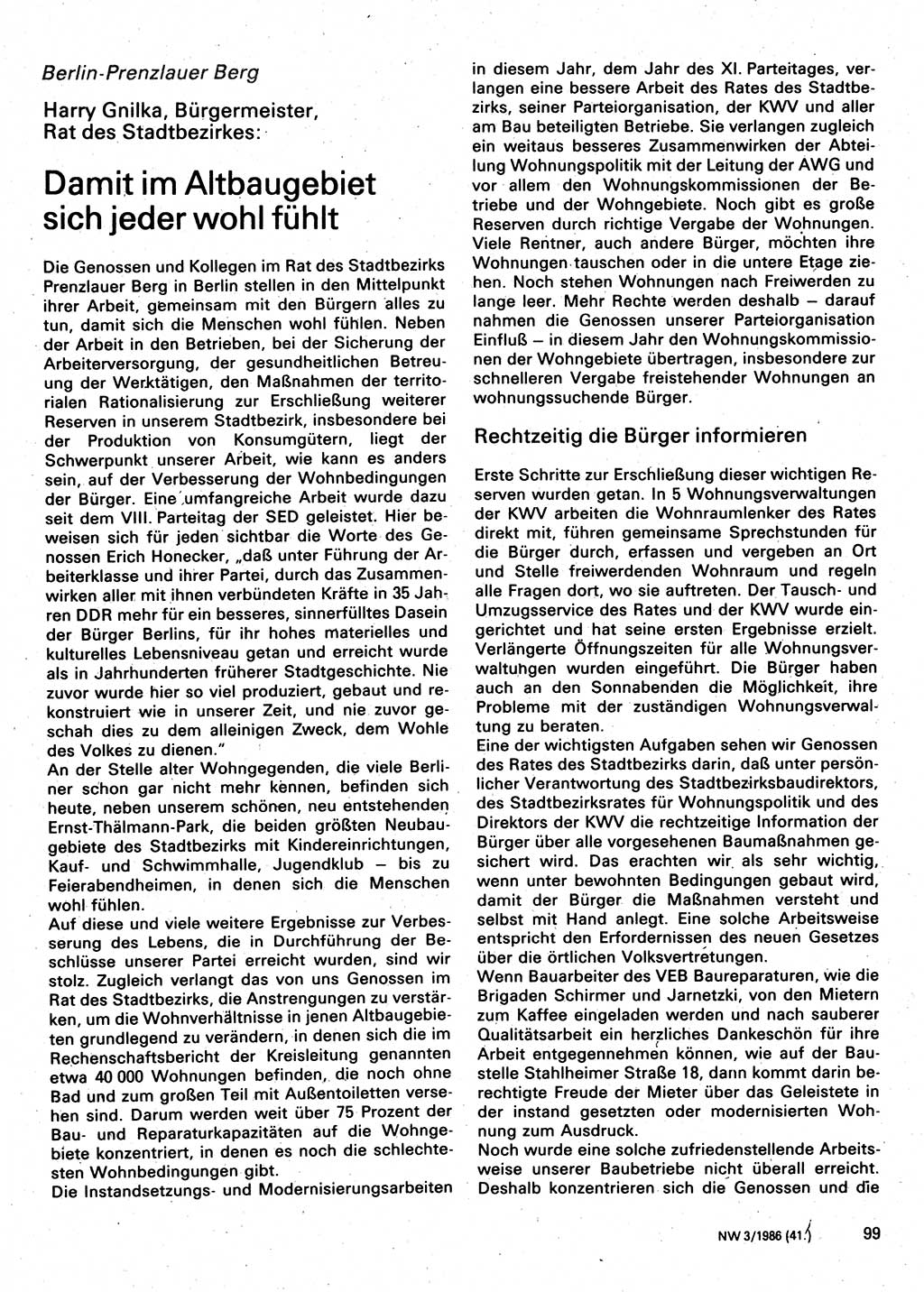 Neuer Weg (NW), Organ des Zentralkomitees (ZK) der SED (Sozialistische Einheitspartei Deutschlands) für Fragen des Parteilebens, 41. Jahrgang [Deutsche Demokratische Republik (DDR)] 1986, Seite 99 (NW ZK SED DDR 1986, S. 99)