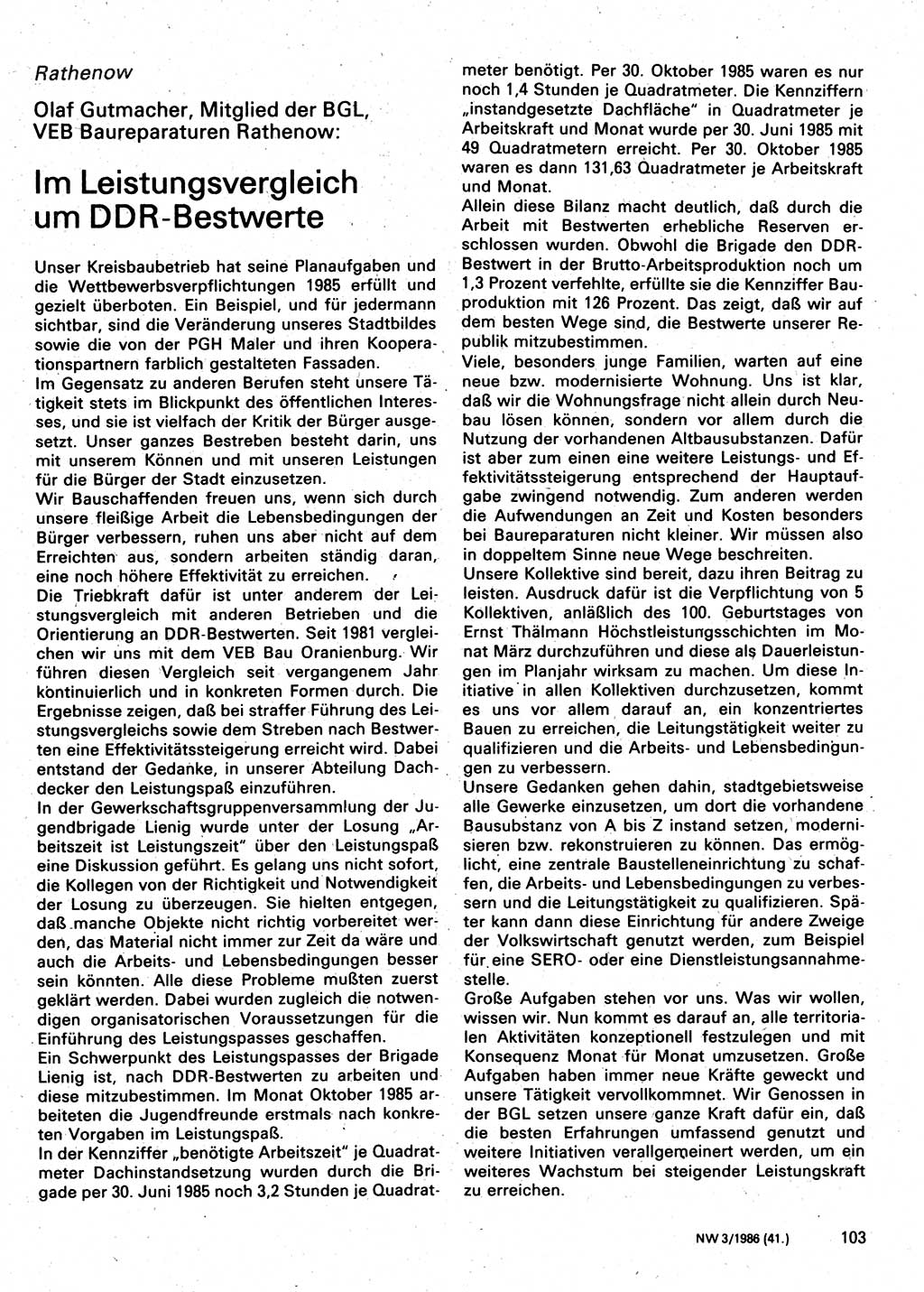 Neuer Weg (NW), Organ des Zentralkomitees (ZK) der SED (Sozialistische Einheitspartei Deutschlands) für Fragen des Parteilebens, 41. Jahrgang [Deutsche Demokratische Republik (DDR)] 1986, Seite 103 (NW ZK SED DDR 1986, S. 103)