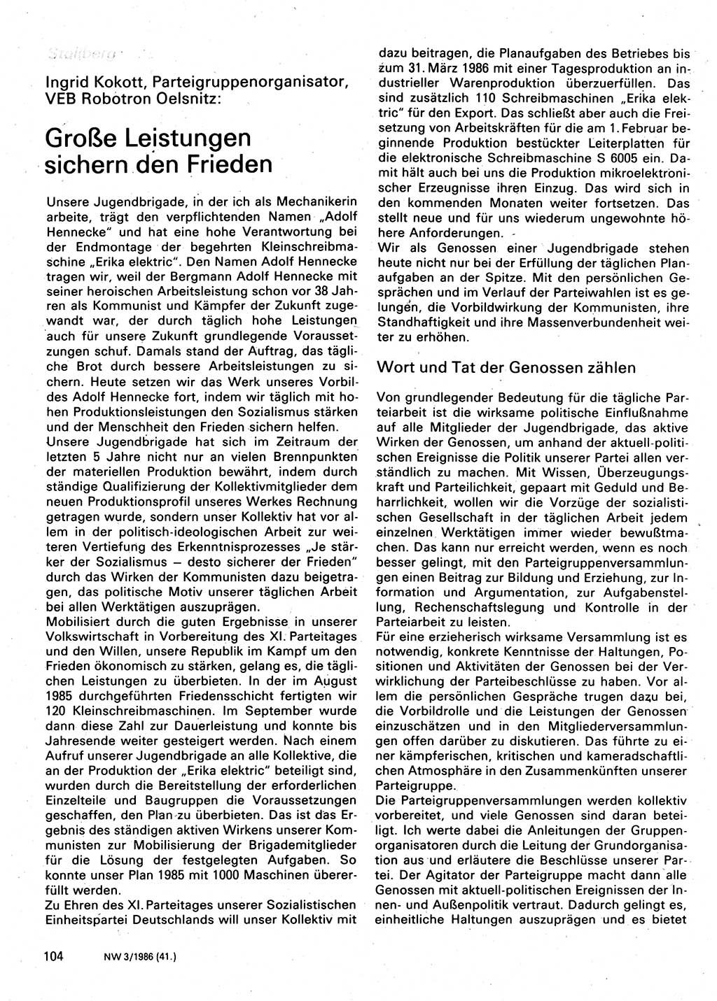 Neuer Weg (NW), Organ des Zentralkomitees (ZK) der SED (Sozialistische Einheitspartei Deutschlands) für Fragen des Parteilebens, 41. Jahrgang [Deutsche Demokratische Republik (DDR)] 1986, Seite 104 (NW ZK SED DDR 1986, S. 104)