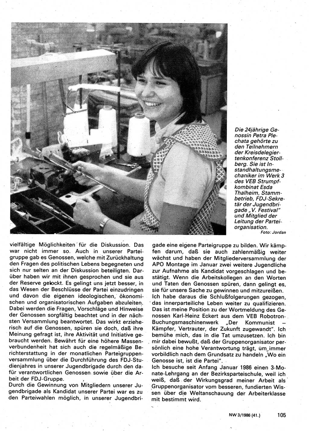 Neuer Weg (NW), Organ des Zentralkomitees (ZK) der SED (Sozialistische Einheitspartei Deutschlands) für Fragen des Parteilebens, 41. Jahrgang [Deutsche Demokratische Republik (DDR)] 1986, Seite 105 (NW ZK SED DDR 1986, S. 105)