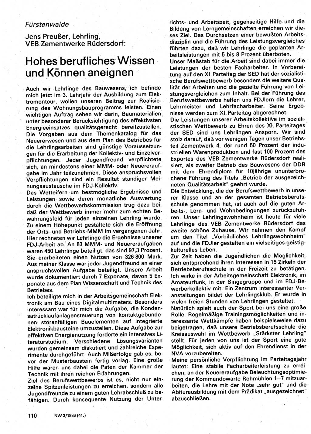 Neuer Weg (NW), Organ des Zentralkomitees (ZK) der SED (Sozialistische Einheitspartei Deutschlands) für Fragen des Parteilebens, 41. Jahrgang [Deutsche Demokratische Republik (DDR)] 1986, Seite 110 (NW ZK SED DDR 1986, S. 110)