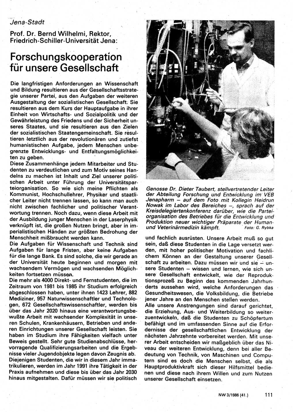 Neuer Weg (NW), Organ des Zentralkomitees (ZK) der SED (Sozialistische Einheitspartei Deutschlands) für Fragen des Parteilebens, 41. Jahrgang [Deutsche Demokratische Republik (DDR)] 1986, Seite 111 (NW ZK SED DDR 1986, S. 111)