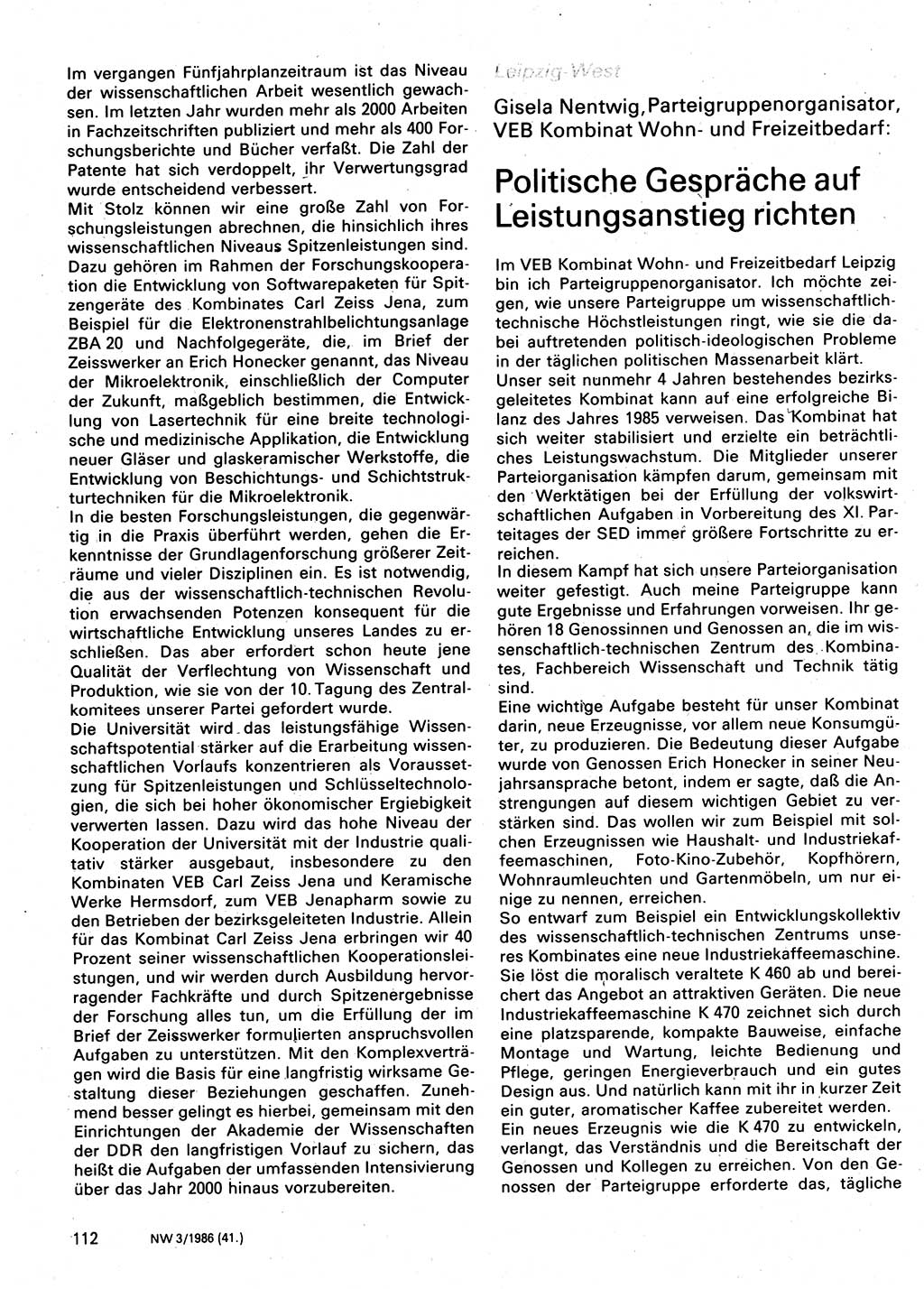Neuer Weg (NW), Organ des Zentralkomitees (ZK) der SED (Sozialistische Einheitspartei Deutschlands) für Fragen des Parteilebens, 41. Jahrgang [Deutsche Demokratische Republik (DDR)] 1986, Seite 112 (NW ZK SED DDR 1986, S. 112)