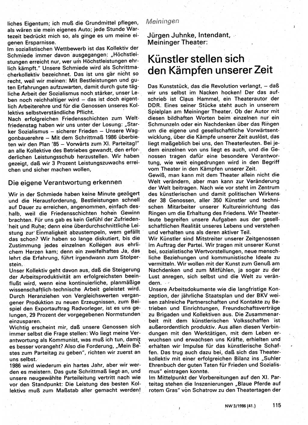 Neuer Weg (NW), Organ des Zentralkomitees (ZK) der SED (Sozialistische Einheitspartei Deutschlands) für Fragen des Parteilebens, 41. Jahrgang [Deutsche Demokratische Republik (DDR)] 1986, Seite 115 (NW ZK SED DDR 1986, S. 115)