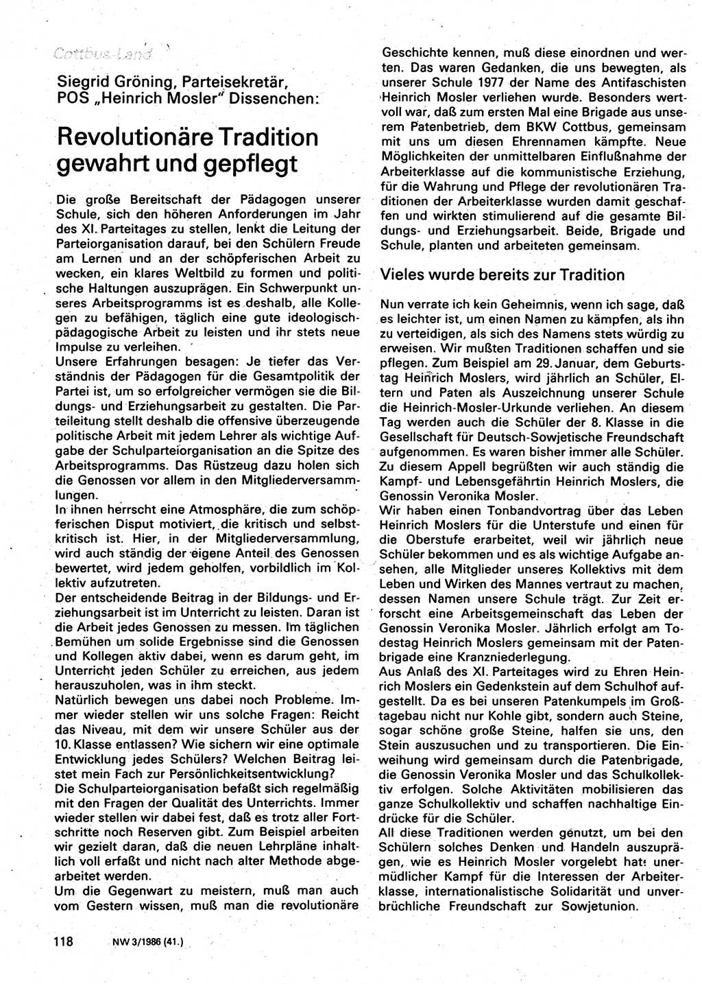 Neuer Weg (NW), Organ des Zentralkomitees (ZK) der SED (Sozialistische Einheitspartei Deutschlands) für Fragen des Parteilebens, 41. Jahrgang [Deutsche Demokratische Republik (DDR)] 1986, Seite 118 (NW ZK SED DDR 1986, S. 118)