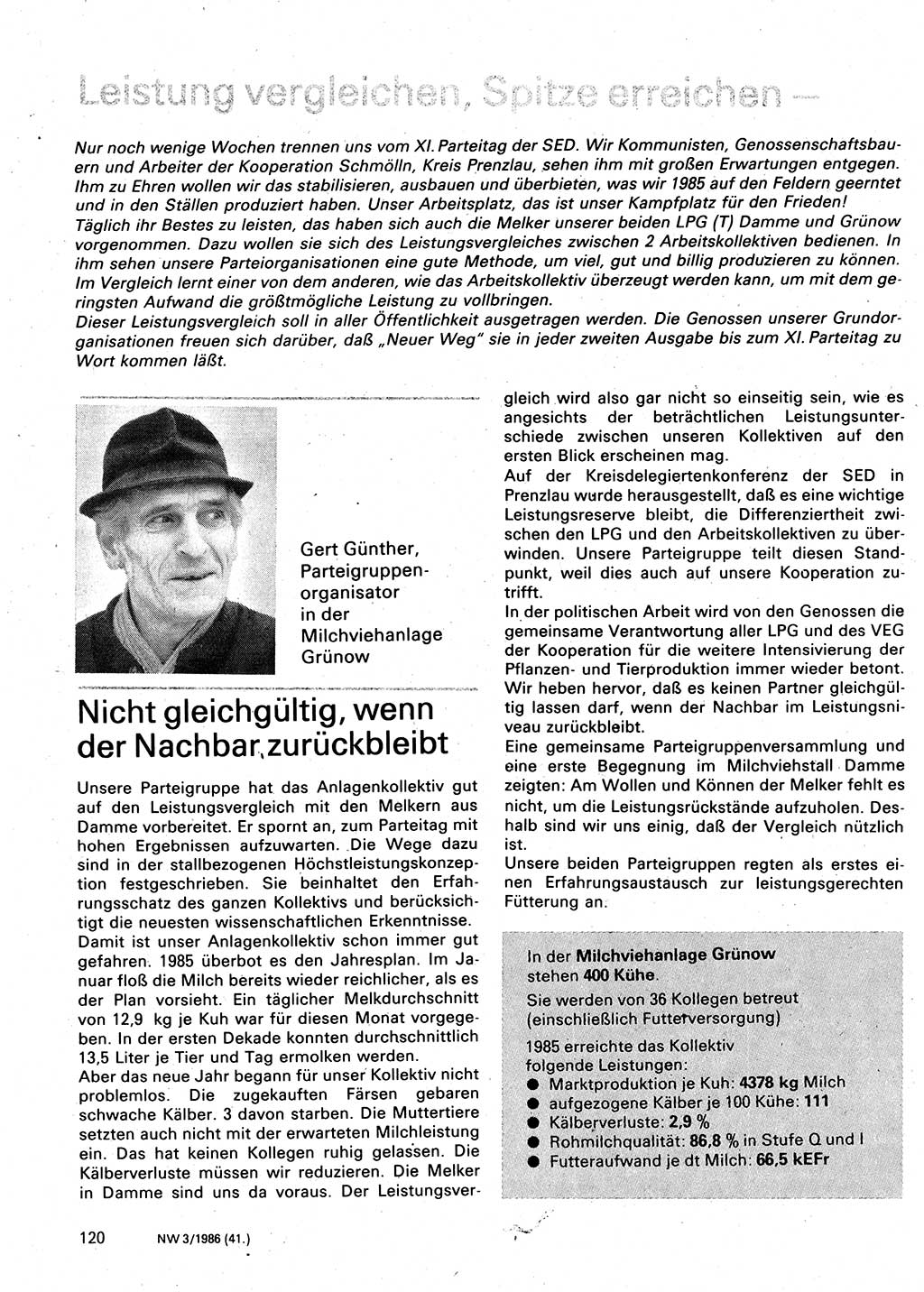 Neuer Weg (NW), Organ des Zentralkomitees (ZK) der SED (Sozialistische Einheitspartei Deutschlands) für Fragen des Parteilebens, 41. Jahrgang [Deutsche Demokratische Republik (DDR)] 1986, Seite 120 (NW ZK SED DDR 1986, S. 120)