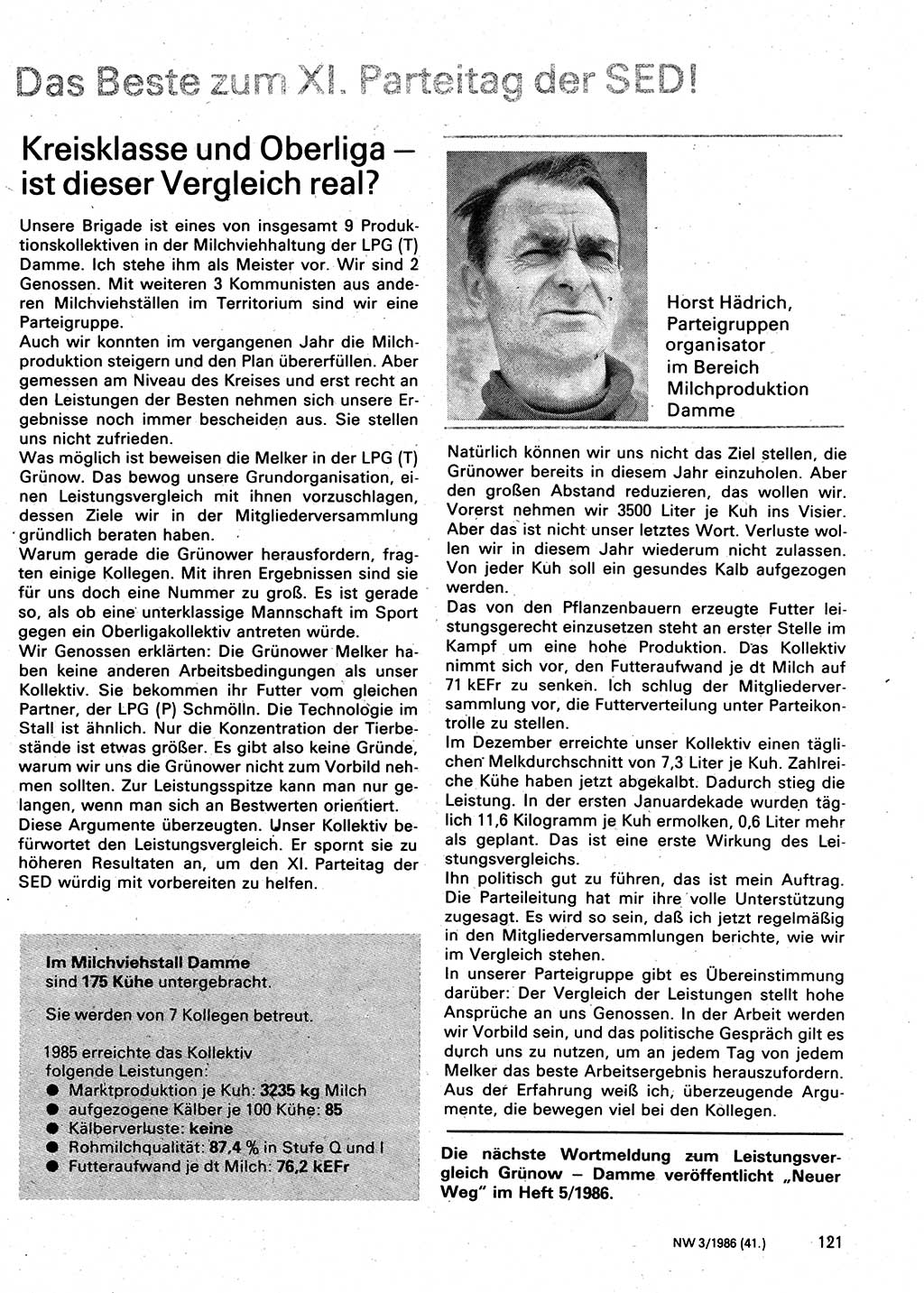 Neuer Weg (NW), Organ des Zentralkomitees (ZK) der SED (Sozialistische Einheitspartei Deutschlands) für Fragen des Parteilebens, 41. Jahrgang [Deutsche Demokratische Republik (DDR)] 1986, Seite 121 (NW ZK SED DDR 1986, S. 121)