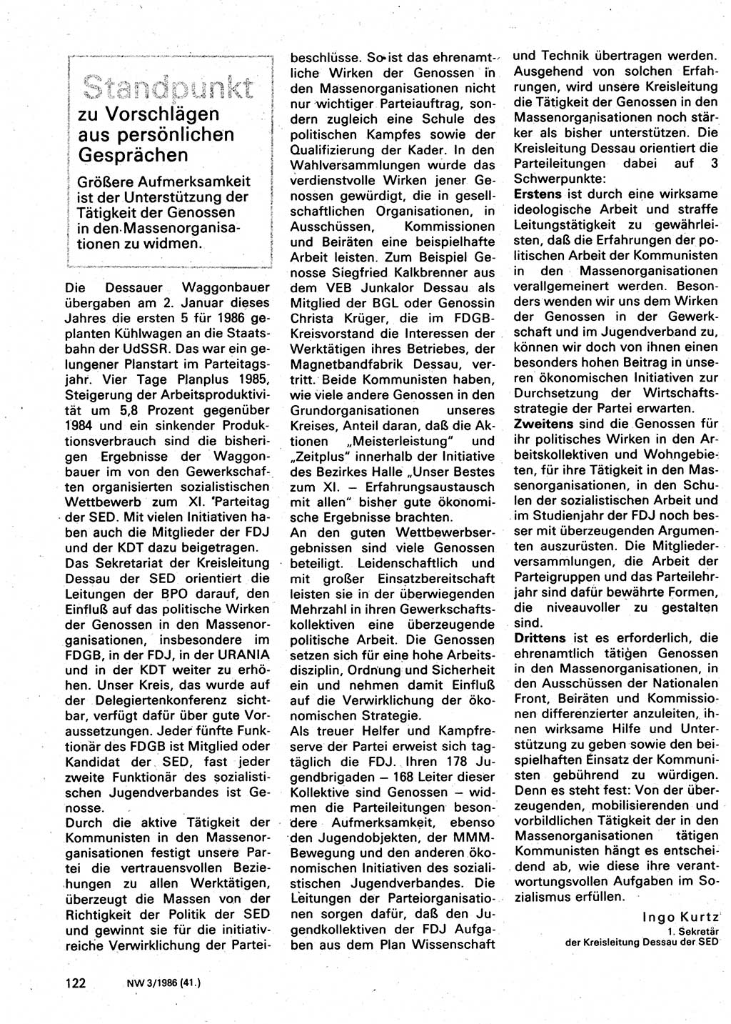 Neuer Weg (NW), Organ des Zentralkomitees (ZK) der SED (Sozialistische Einheitspartei Deutschlands) für Fragen des Parteilebens, 41. Jahrgang [Deutsche Demokratische Republik (DDR)] 1986, Seite 122 (NW ZK SED DDR 1986, S. 122)