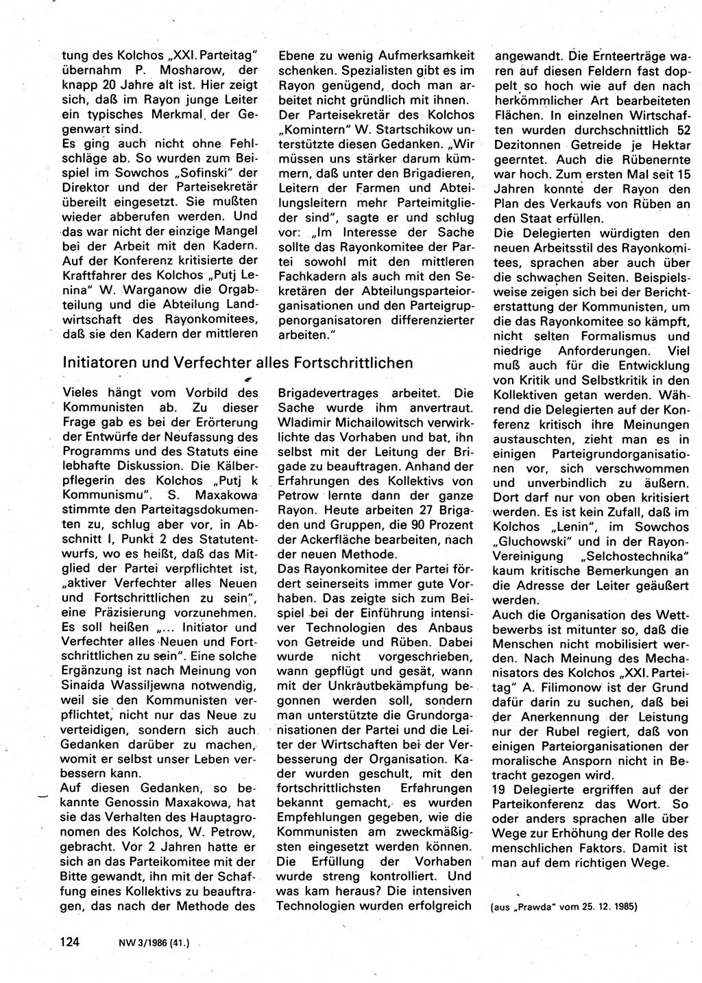 Neuer Weg (NW), Organ des Zentralkomitees (ZK) der SED (Sozialistische Einheitspartei Deutschlands) für Fragen des Parteilebens, 41. Jahrgang [Deutsche Demokratische Republik (DDR)] 1986, Seite 124 (NW ZK SED DDR 1986, S. 124)