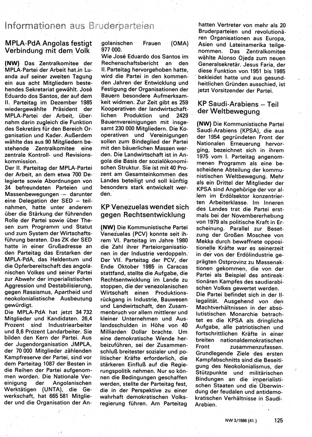 Neuer Weg (NW), Organ des Zentralkomitees (ZK) der SED (Sozialistische Einheitspartei Deutschlands) für Fragen des Parteilebens, 41. Jahrgang [Deutsche Demokratische Republik (DDR)] 1986, Seite 125 (NW ZK SED DDR 1986, S. 125)