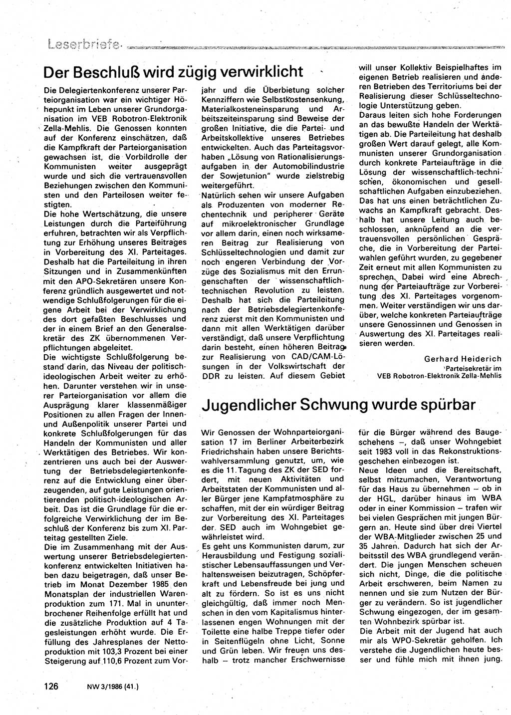 Neuer Weg (NW), Organ des Zentralkomitees (ZK) der SED (Sozialistische Einheitspartei Deutschlands) für Fragen des Parteilebens, 41. Jahrgang [Deutsche Demokratische Republik (DDR)] 1986, Seite 126 (NW ZK SED DDR 1986, S. 126)