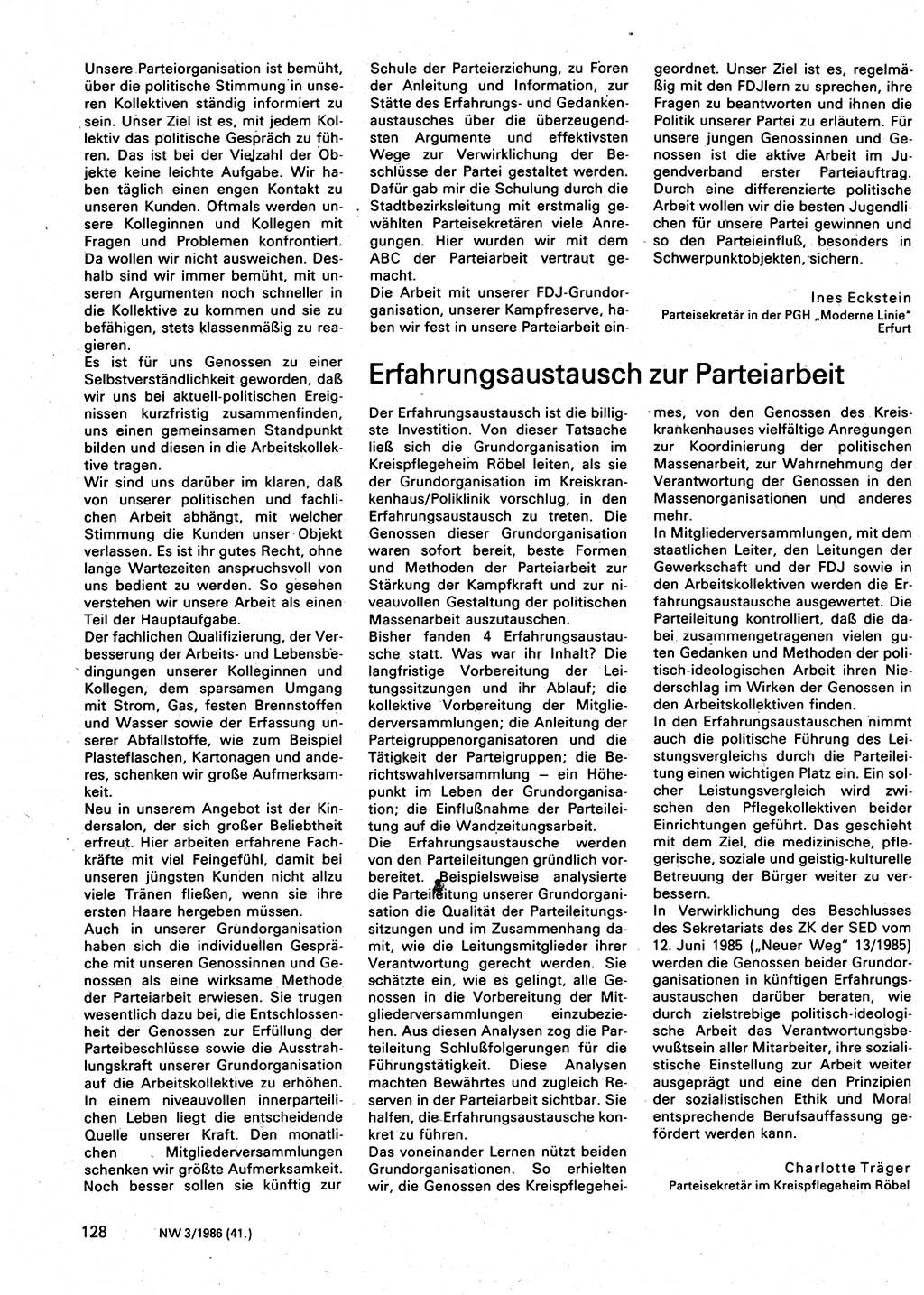 Neuer Weg (NW), Organ des Zentralkomitees (ZK) der SED (Sozialistische Einheitspartei Deutschlands) für Fragen des Parteilebens, 41. Jahrgang [Deutsche Demokratische Republik (DDR)] 1986, Seite 128 (NW ZK SED DDR 1986, S. 128)