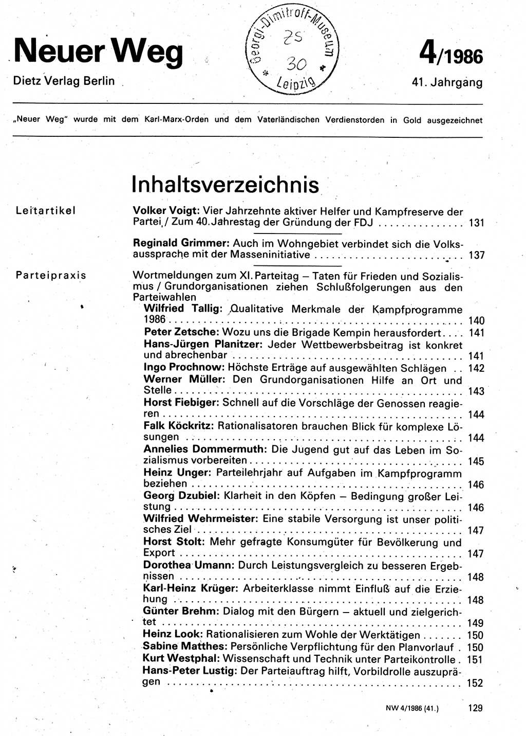 Neuer Weg (NW), Organ des Zentralkomitees (ZK) der SED (Sozialistische Einheitspartei Deutschlands) für Fragen des Parteilebens, 41. Jahrgang [Deutsche Demokratische Republik (DDR)] 1986, Seite 129 (NW ZK SED DDR 1986, S. 129)