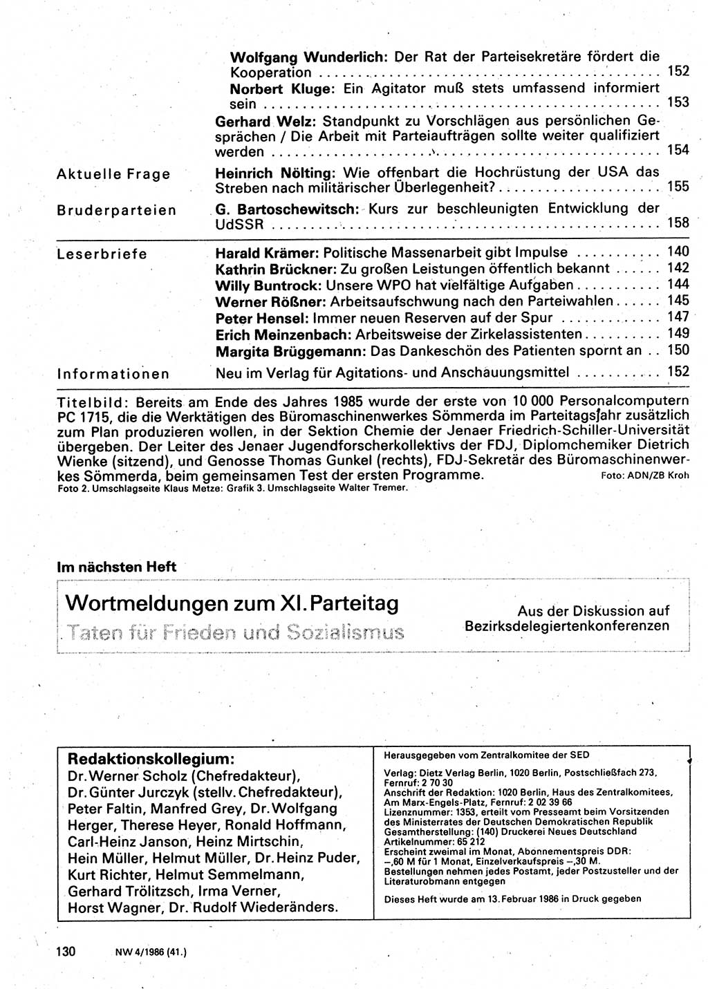 Neuer Weg (NW), Organ des Zentralkomitees (ZK) der SED (Sozialistische Einheitspartei Deutschlands) für Fragen des Parteilebens, 41. Jahrgang [Deutsche Demokratische Republik (DDR)] 1986, Seite 130 (NW ZK SED DDR 1986, S. 130)