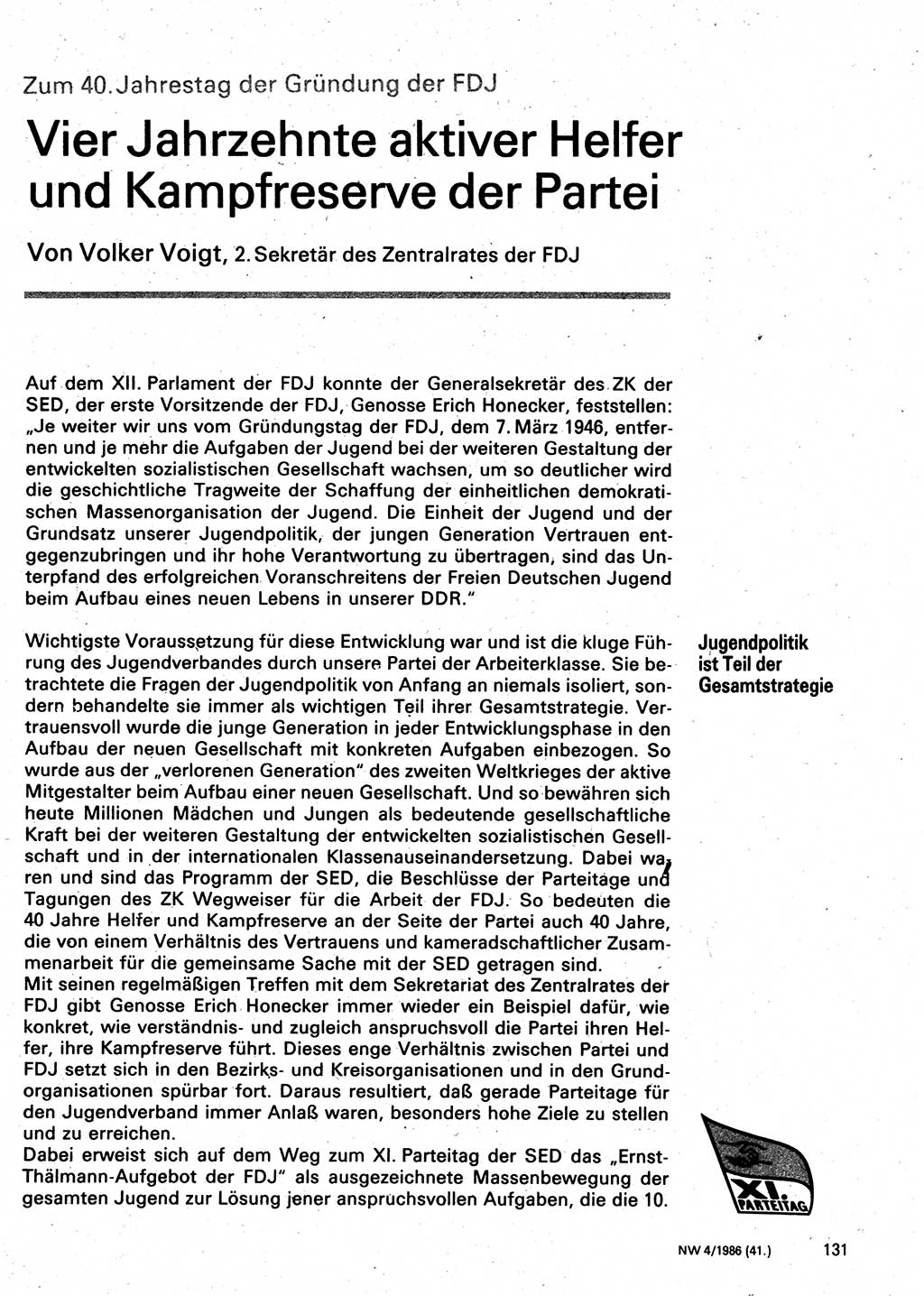 Neuer Weg (NW), Organ des Zentralkomitees (ZK) der SED (Sozialistische Einheitspartei Deutschlands) für Fragen des Parteilebens, 41. Jahrgang [Deutsche Demokratische Republik (DDR)] 1986, Seite 131 (NW ZK SED DDR 1986, S. 131)