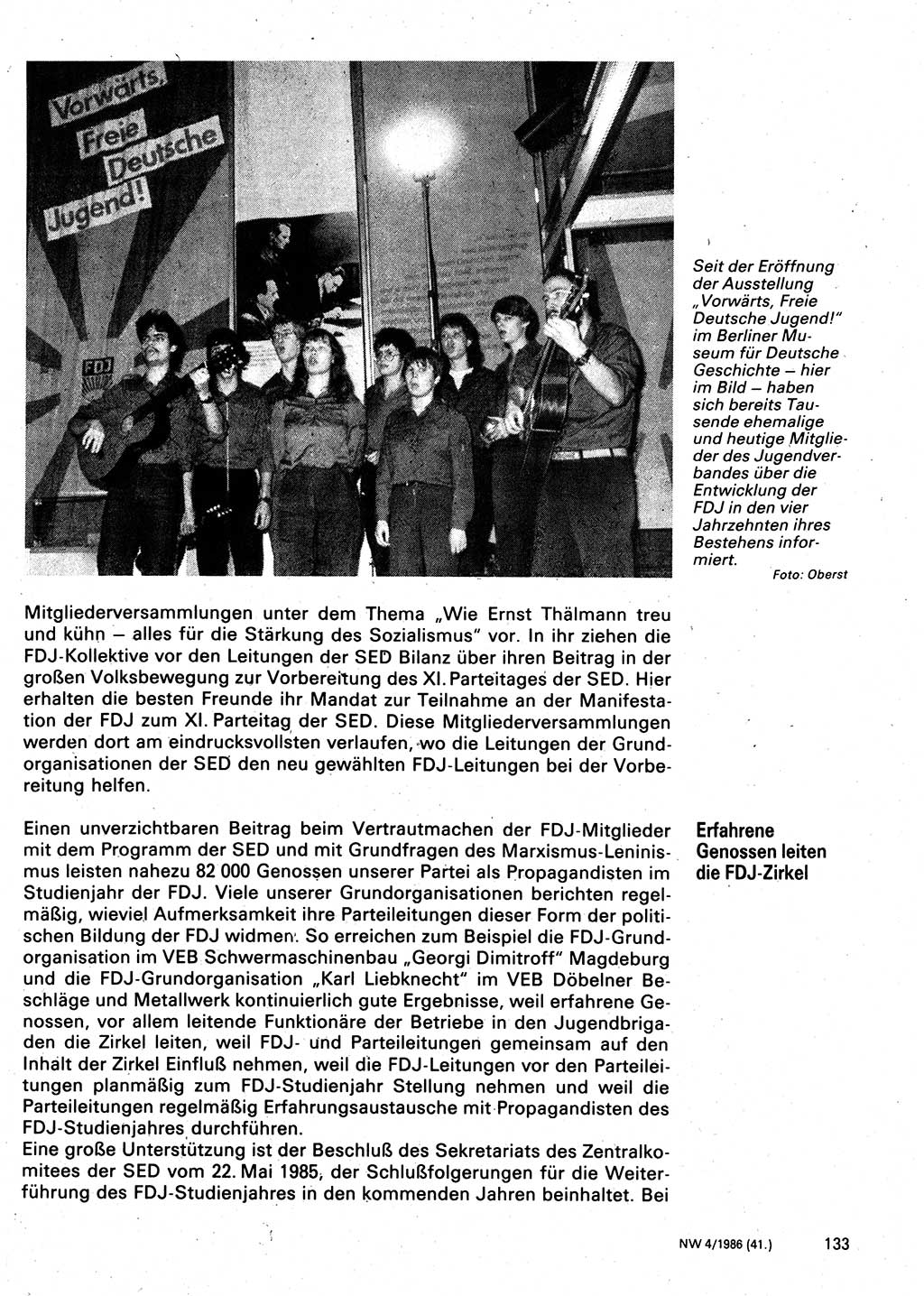 Neuer Weg (NW), Organ des Zentralkomitees (ZK) der SED (Sozialistische Einheitspartei Deutschlands) für Fragen des Parteilebens, 41. Jahrgang [Deutsche Demokratische Republik (DDR)] 1986, Seite 133 (NW ZK SED DDR 1986, S. 133)