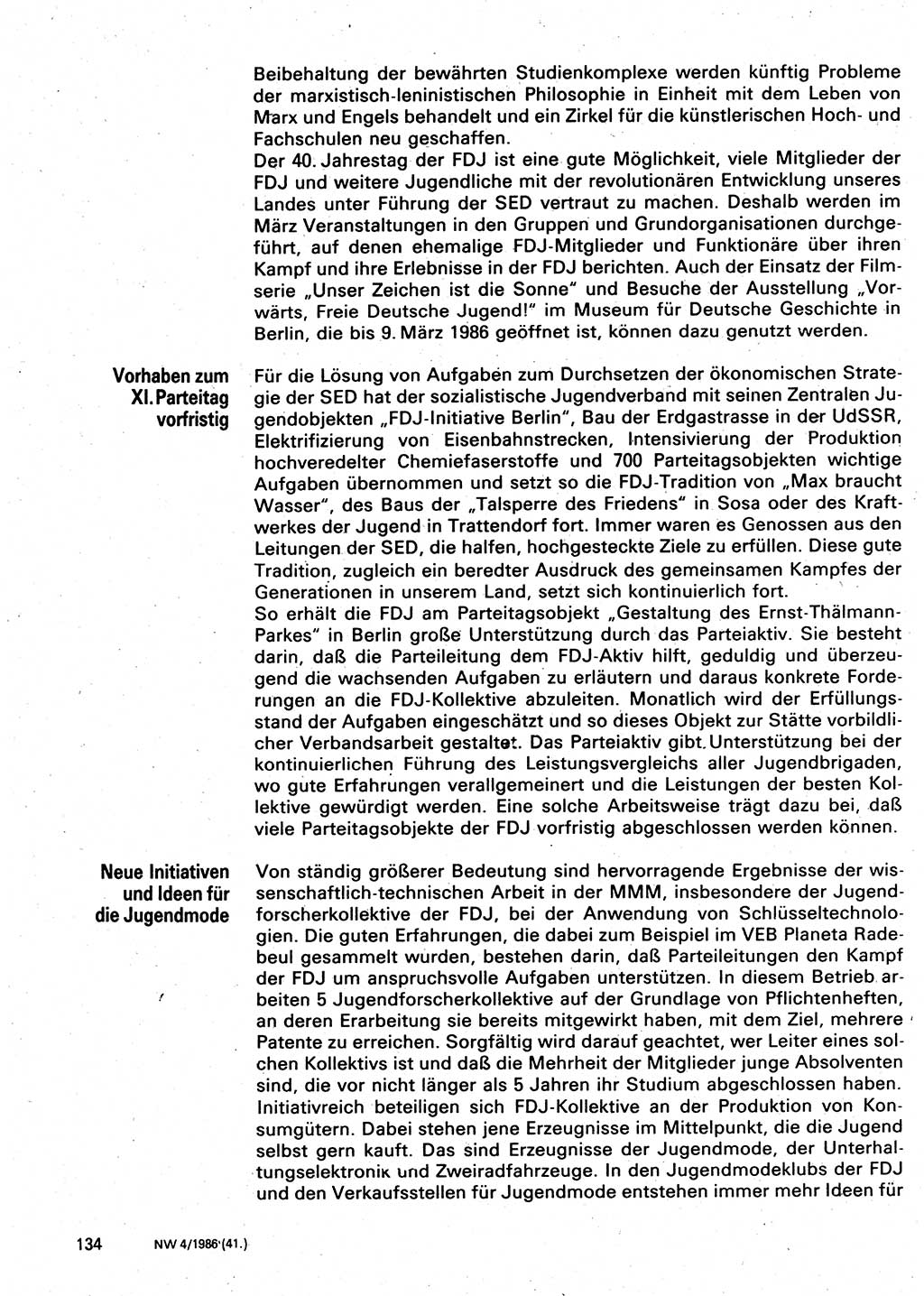 Neuer Weg (NW), Organ des Zentralkomitees (ZK) der SED (Sozialistische Einheitspartei Deutschlands) für Fragen des Parteilebens, 41. Jahrgang [Deutsche Demokratische Republik (DDR)] 1986, Seite 134 (NW ZK SED DDR 1986, S. 134)