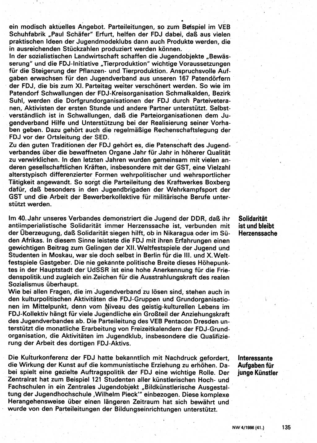 Neuer Weg (NW), Organ des Zentralkomitees (ZK) der SED (Sozialistische Einheitspartei Deutschlands) für Fragen des Parteilebens, 41. Jahrgang [Deutsche Demokratische Republik (DDR)] 1986, Seite 135 (NW ZK SED DDR 1986, S. 135)