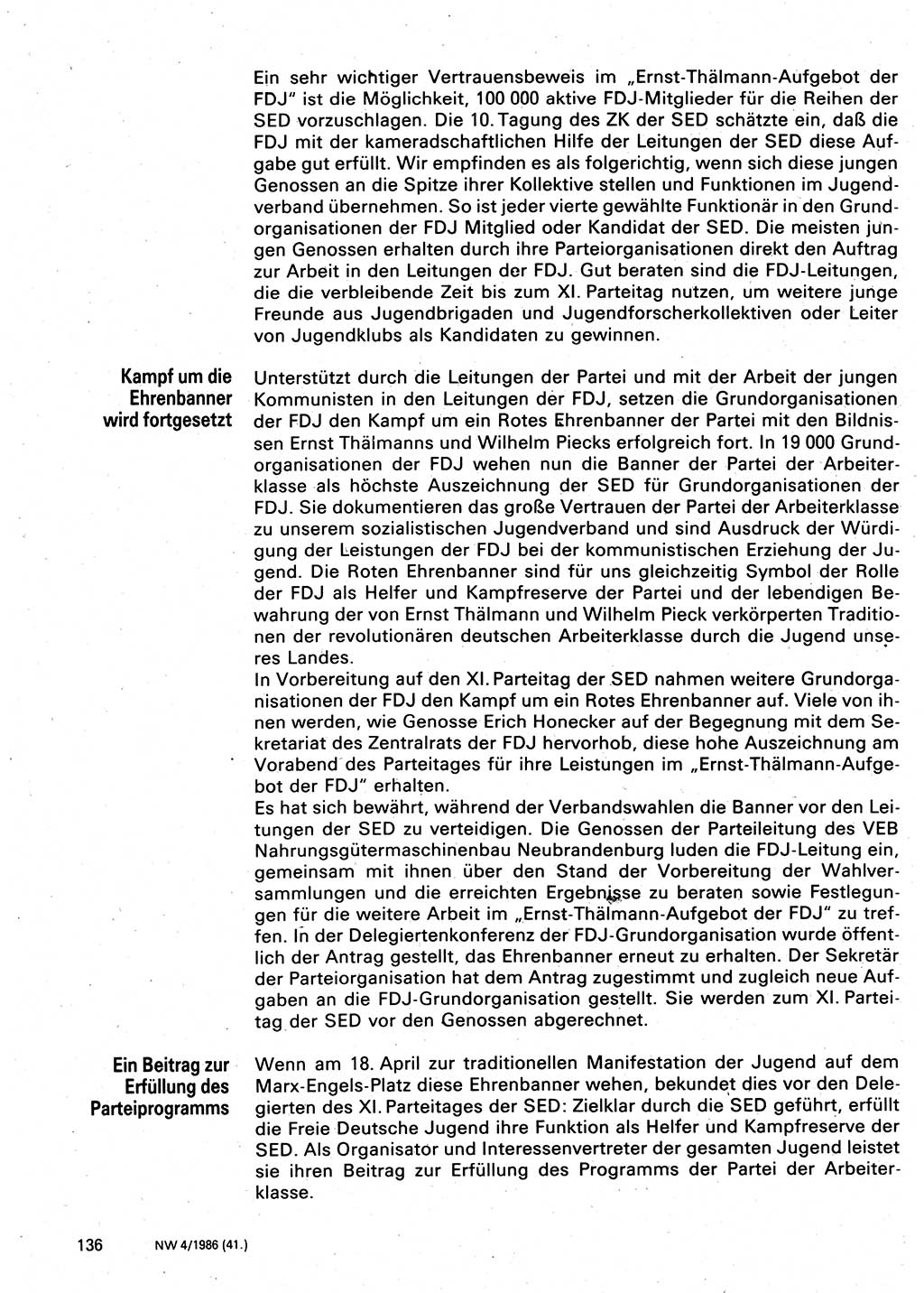 Neuer Weg (NW), Organ des Zentralkomitees (ZK) der SED (Sozialistische Einheitspartei Deutschlands) für Fragen des Parteilebens, 41. Jahrgang [Deutsche Demokratische Republik (DDR)] 1986, Seite 136 (NW ZK SED DDR 1986, S. 136)