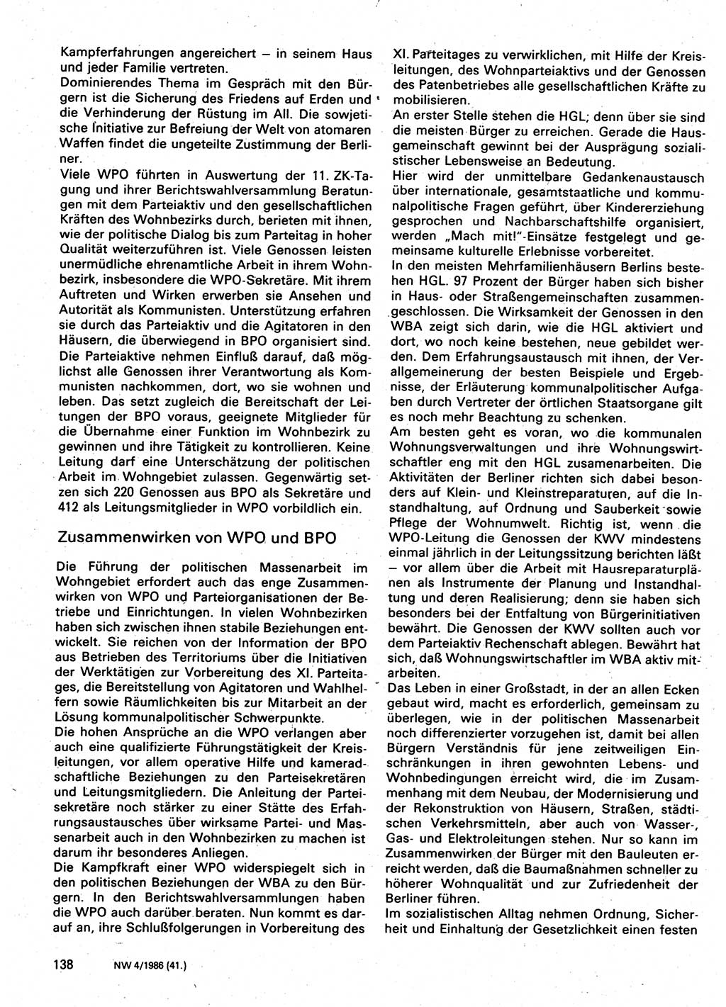 Neuer Weg (NW), Organ des Zentralkomitees (ZK) der SED (Sozialistische Einheitspartei Deutschlands) für Fragen des Parteilebens, 41. Jahrgang [Deutsche Demokratische Republik (DDR)] 1986, Seite 138 (NW ZK SED DDR 1986, S. 138)