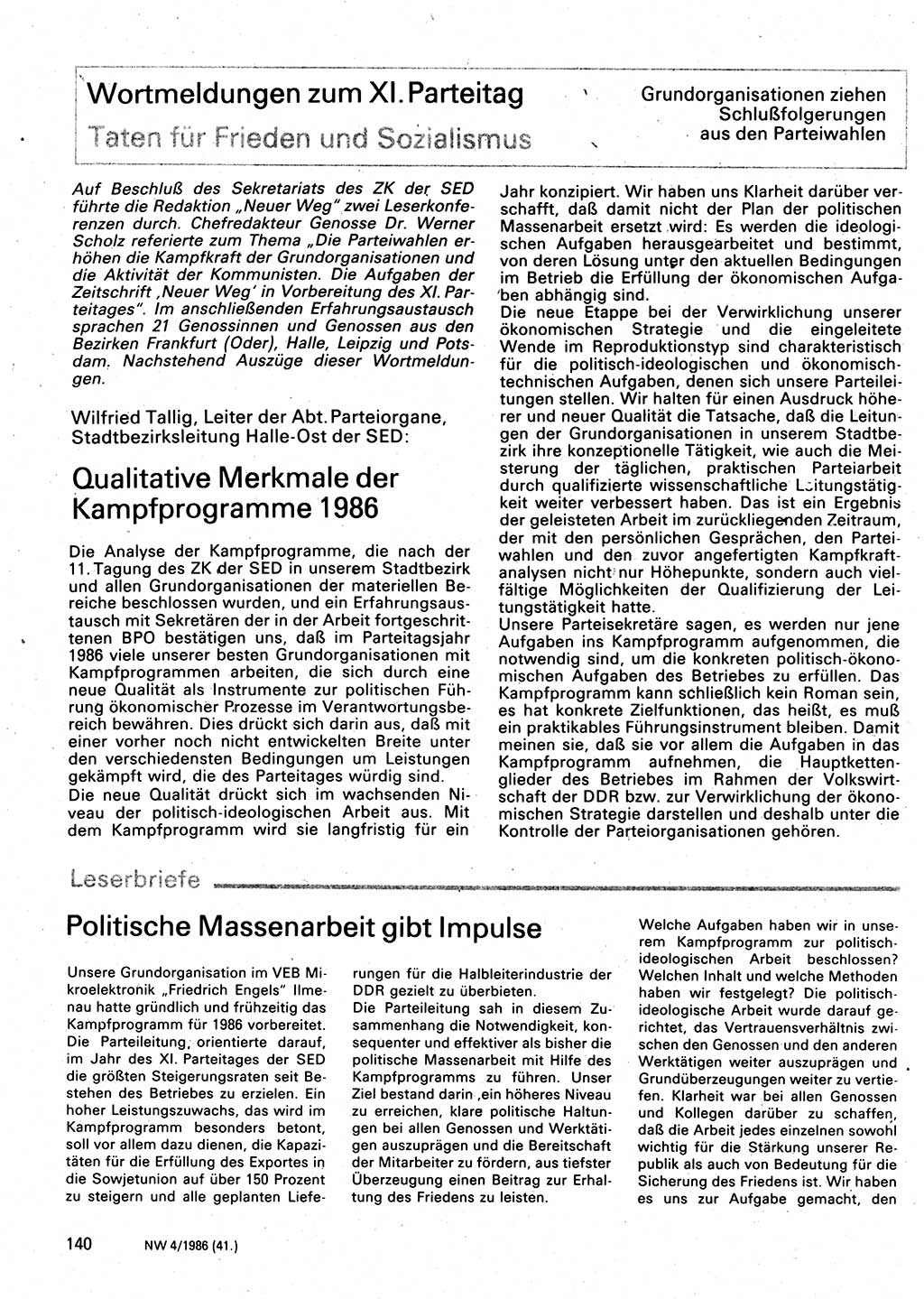 Neuer Weg (NW), Organ des Zentralkomitees (ZK) der SED (Sozialistische Einheitspartei Deutschlands) für Fragen des Parteilebens, 41. Jahrgang [Deutsche Demokratische Republik (DDR)] 1986, Seite 140 (NW ZK SED DDR 1986, S. 140)