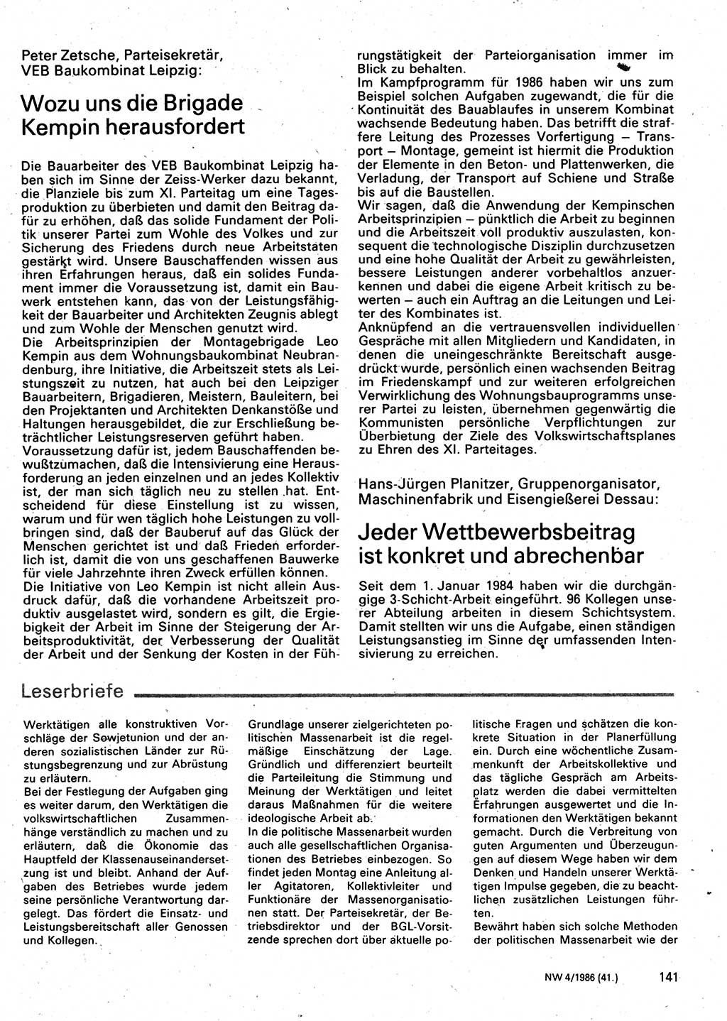 Neuer Weg (NW), Organ des Zentralkomitees (ZK) der SED (Sozialistische Einheitspartei Deutschlands) für Fragen des Parteilebens, 41. Jahrgang [Deutsche Demokratische Republik (DDR)] 1986, Seite 141 (NW ZK SED DDR 1986, S. 141)