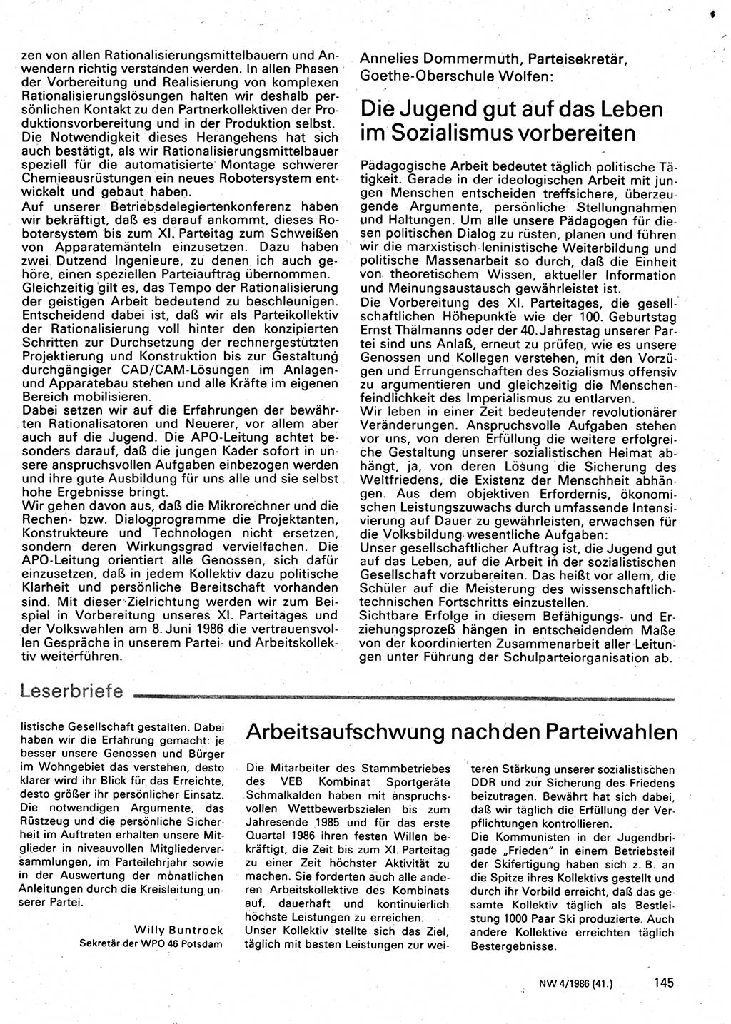 Neuer Weg (NW), Organ des Zentralkomitees (ZK) der SED (Sozialistische Einheitspartei Deutschlands) für Fragen des Parteilebens, 41. Jahrgang [Deutsche Demokratische Republik (DDR)] 1986, Seite 145 (NW ZK SED DDR 1986, S. 145)