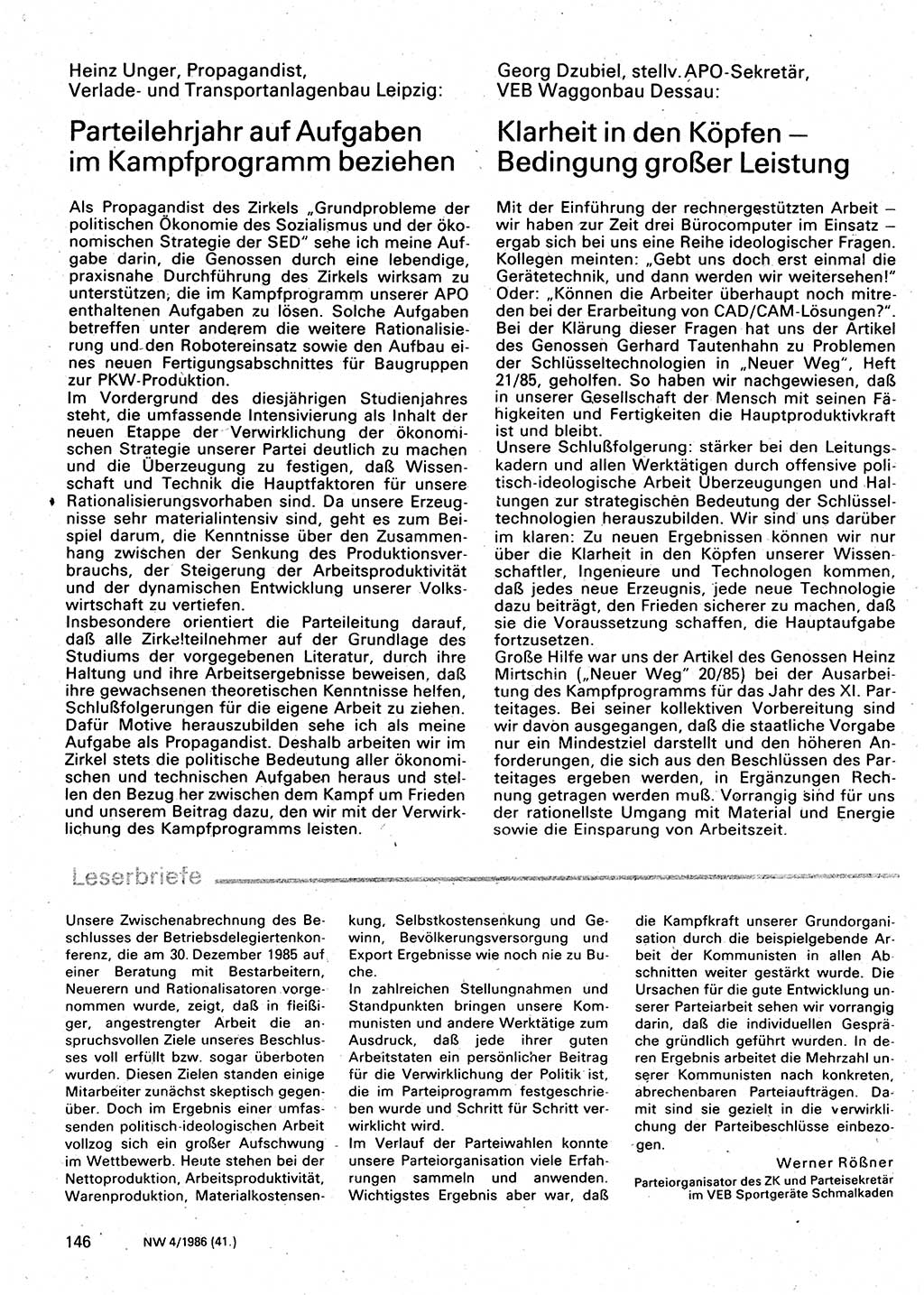 Neuer Weg (NW), Organ des Zentralkomitees (ZK) der SED (Sozialistische Einheitspartei Deutschlands) für Fragen des Parteilebens, 41. Jahrgang [Deutsche Demokratische Republik (DDR)] 1986, Seite 146 (NW ZK SED DDR 1986, S. 146)