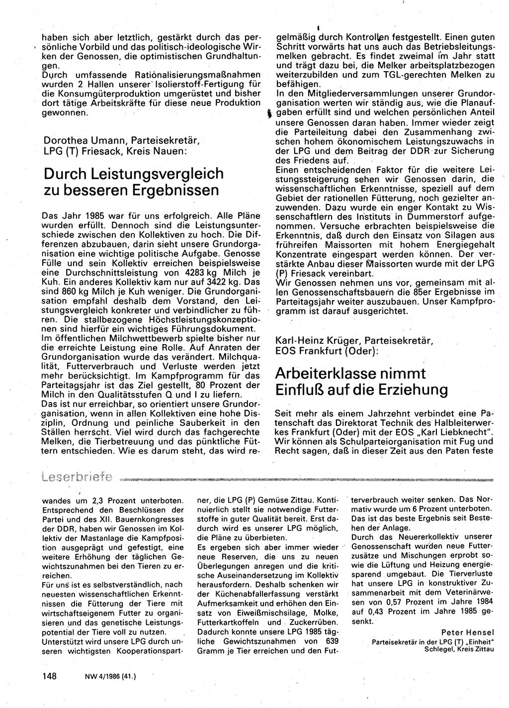 Neuer Weg (NW), Organ des Zentralkomitees (ZK) der SED (Sozialistische Einheitspartei Deutschlands) für Fragen des Parteilebens, 41. Jahrgang [Deutsche Demokratische Republik (DDR)] 1986, Seite 148 (NW ZK SED DDR 1986, S. 148)