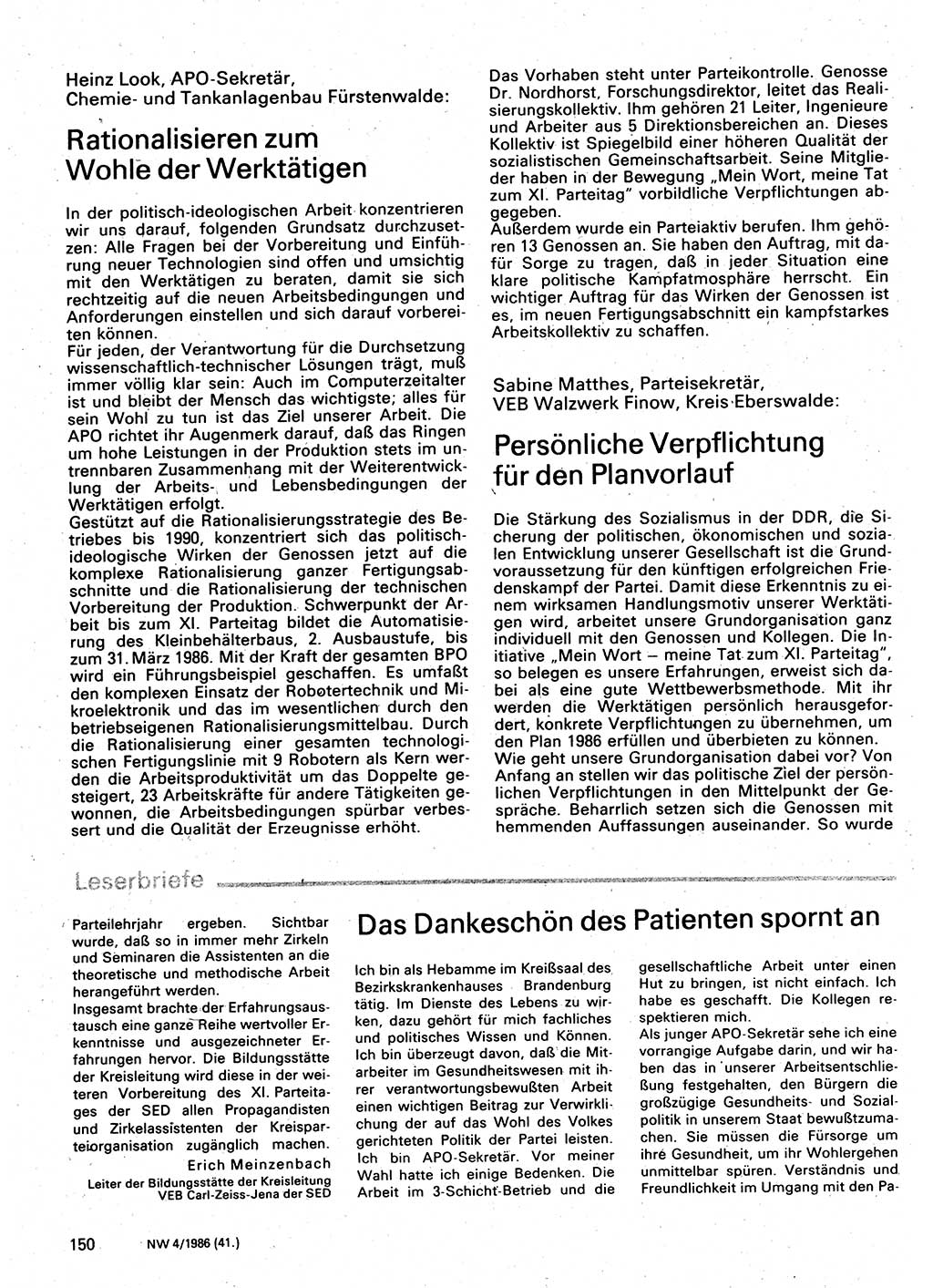 Neuer Weg (NW), Organ des Zentralkomitees (ZK) der SED (Sozialistische Einheitspartei Deutschlands) für Fragen des Parteilebens, 41. Jahrgang [Deutsche Demokratische Republik (DDR)] 1986, Seite 150 (NW ZK SED DDR 1986, S. 150)