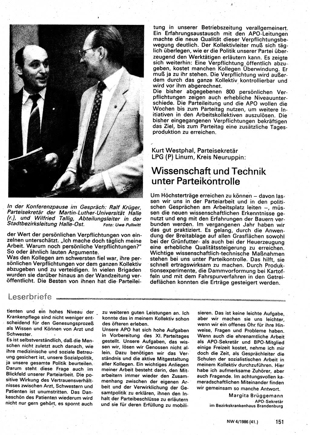 Neuer Weg (NW), Organ des Zentralkomitees (ZK) der SED (Sozialistische Einheitspartei Deutschlands) für Fragen des Parteilebens, 41. Jahrgang [Deutsche Demokratische Republik (DDR)] 1986, Seite 151 (NW ZK SED DDR 1986, S. 151)