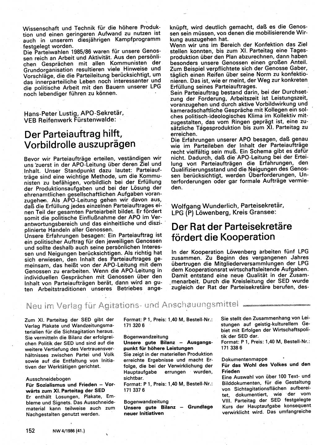 Neuer Weg (NW), Organ des Zentralkomitees (ZK) der SED (Sozialistische Einheitspartei Deutschlands) für Fragen des Parteilebens, 41. Jahrgang [Deutsche Demokratische Republik (DDR)] 1986, Seite 152 (NW ZK SED DDR 1986, S. 152)